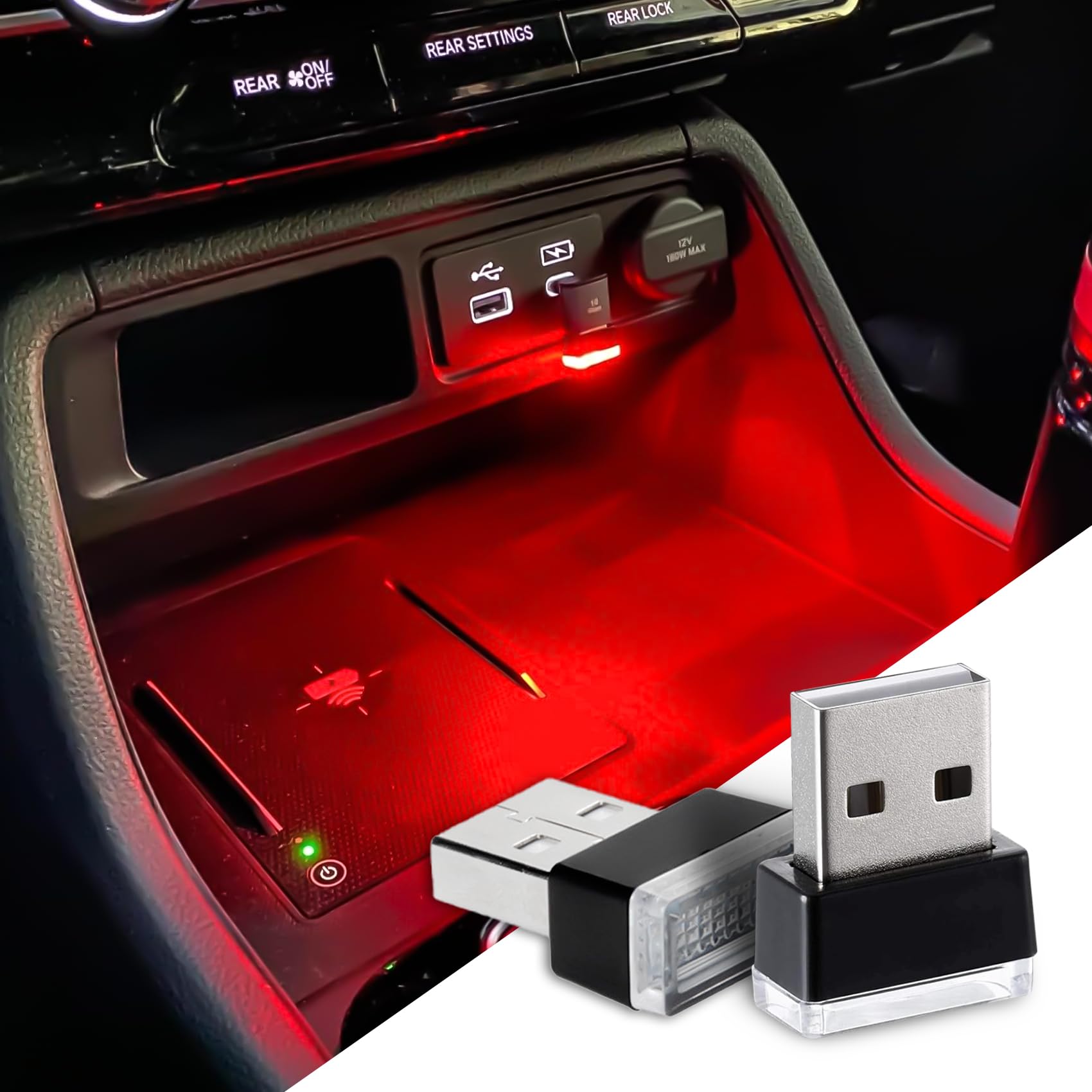 2PCS USB LED Car Interior Atmosphere Lamp, Car Night Lights, Mini USB LED Decoration Light Ambient Interior Light, Car Accessories Plug-in Interface Ambient Lighting Kit for Most Cars (Red)