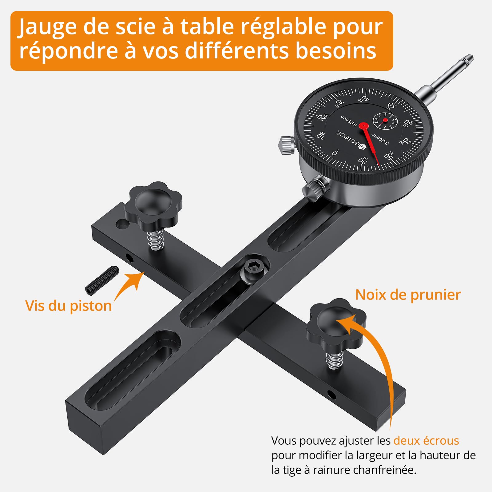 Neoteck 0-20mm Comparateur Mécanique pour Scie à Table Résolution 0.01mm avec Barre en Aluminium Anodisé Fixation à Trois Glissières Indicateur à Cadran Mécanique pour Scies Circulaires à Table-Noir