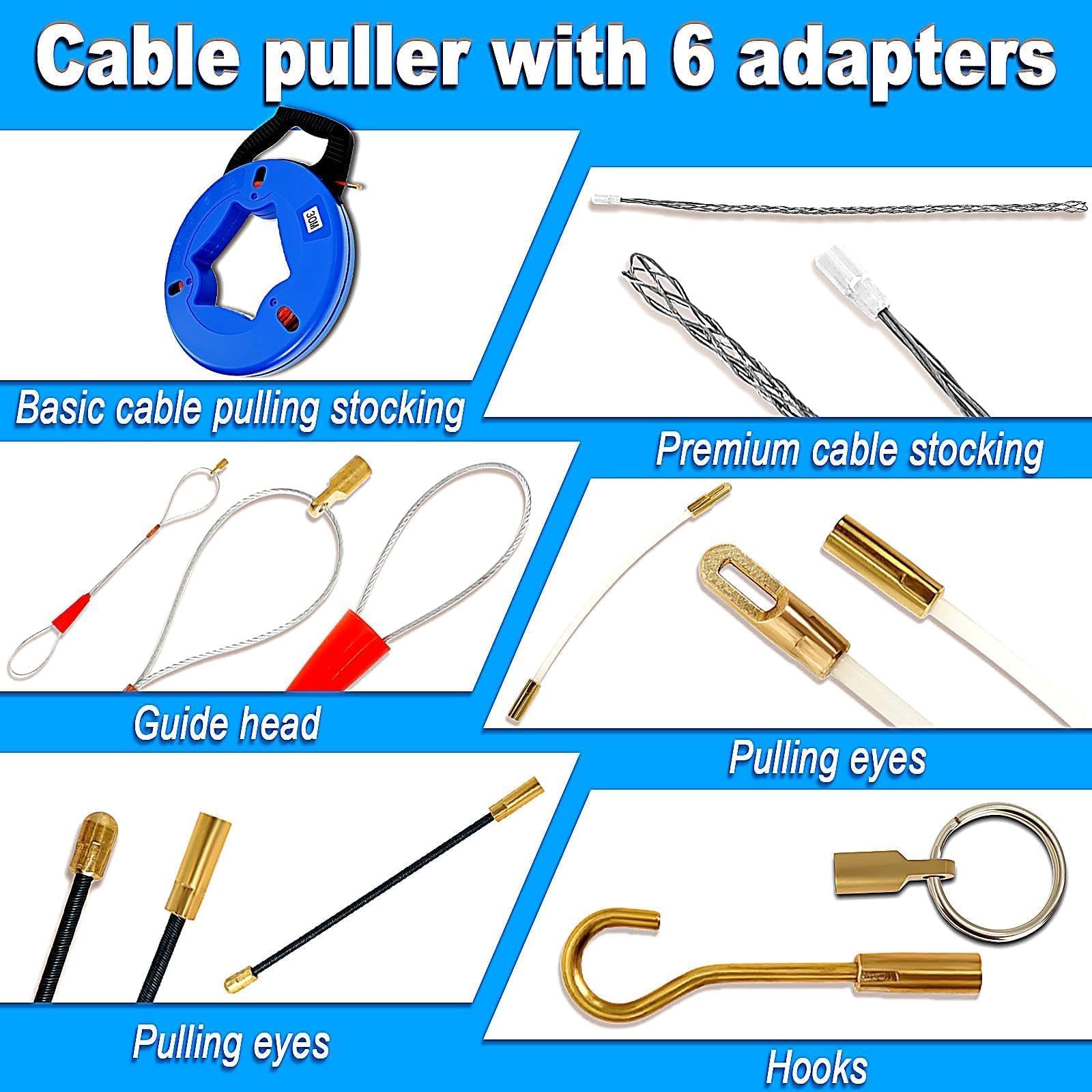 Kabeleinziehhilfe 30 m 4 mm, PET Einziehspirale mit Aufrolltrommel, Kupfer-Zugkopf und 6 Adaptern, Kabelziehband für Leerrohre, Stromkabel, Netzwerkkabel, SAT Kabel