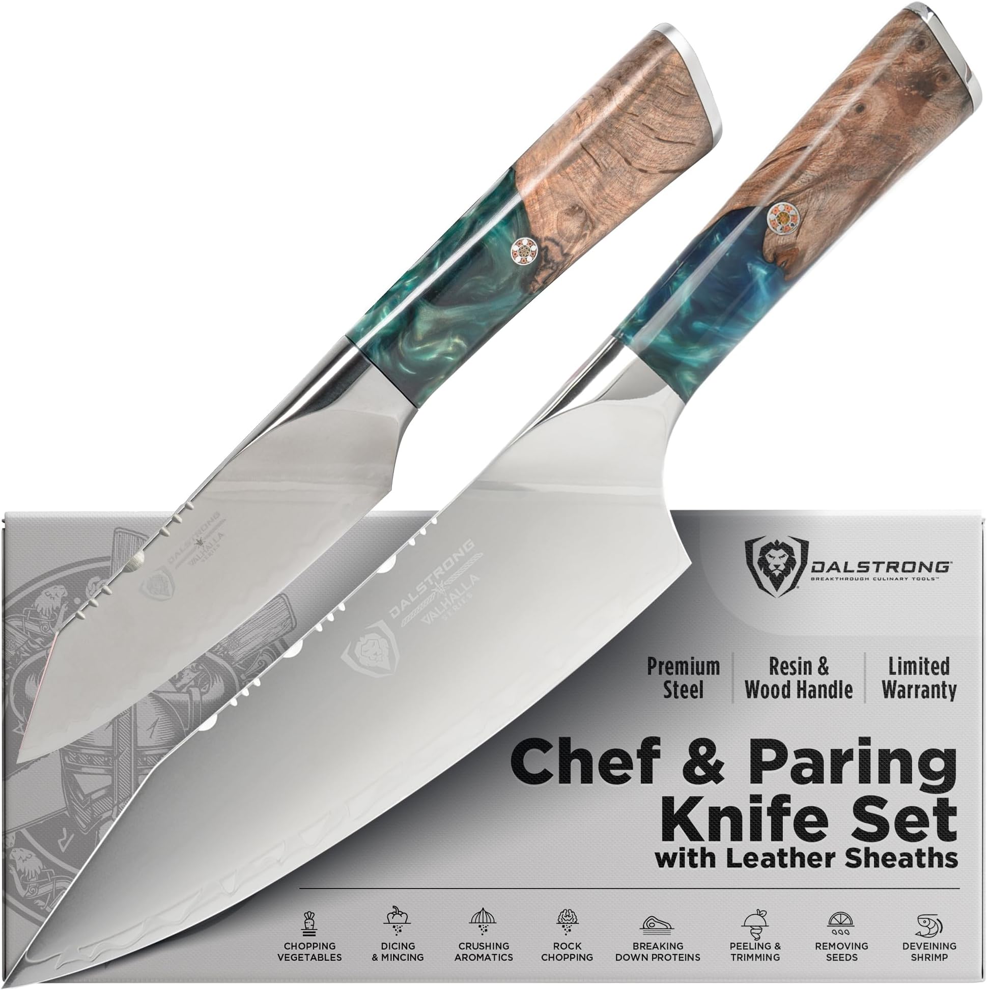 Dalstrong 2 Piece Knife Set - Chef Knife 8 inch & Paring Knife 4 inch - Valhalla Series - Premium 9CR18MOV HC Steel - Celestial Resin & Wood Handle - Razor Sharp - Essential Set - Leather Sheath
