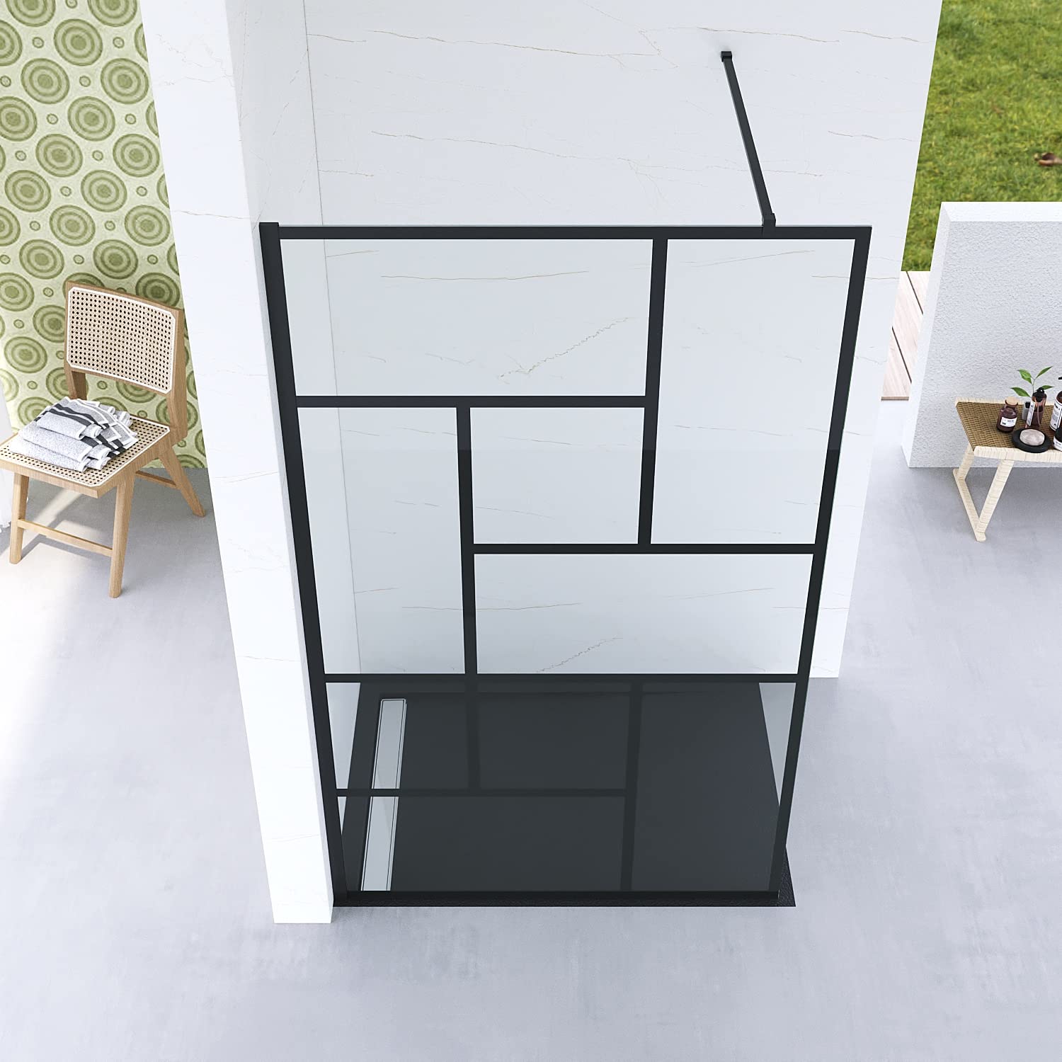 Duschwand Glas Duschabtrennung 120 x 200 cm Echtglas 8 mm Dekor Kariert Duschtrennwand Duschglaswand Glaswand Walk in Dusche Glastrennwand Nano Beschichtung Wandprofil schwarz matt 90° Stabilisator