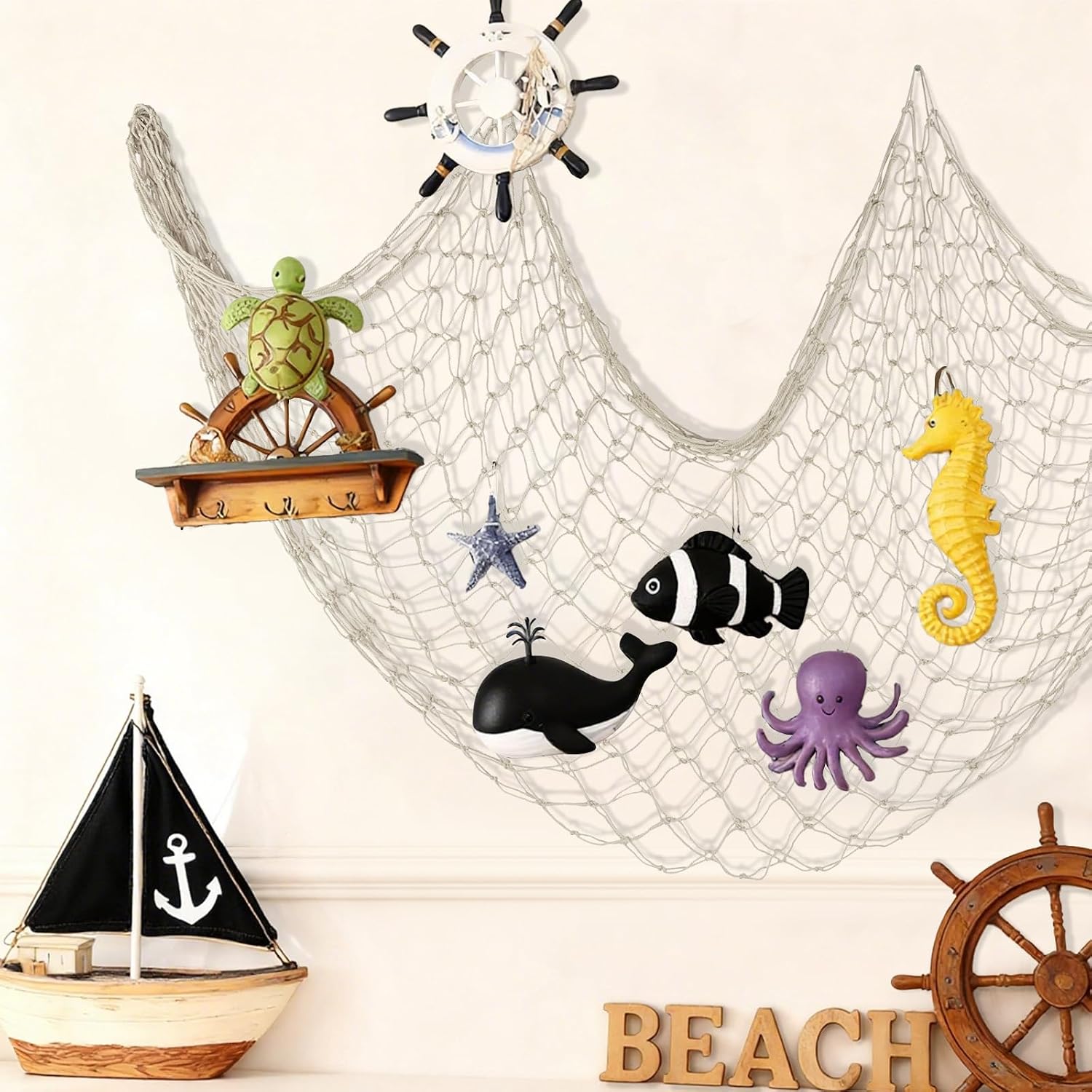 Decorative Fishing Net 80x40 Inch,Patioland Large Beige Picture Fish Net, Wall Photo Hanging Fishnet for Nautical Mermaid Pirate Ocean Themed Hawaii Beach Under The Sea Party Decorations (1PCS)