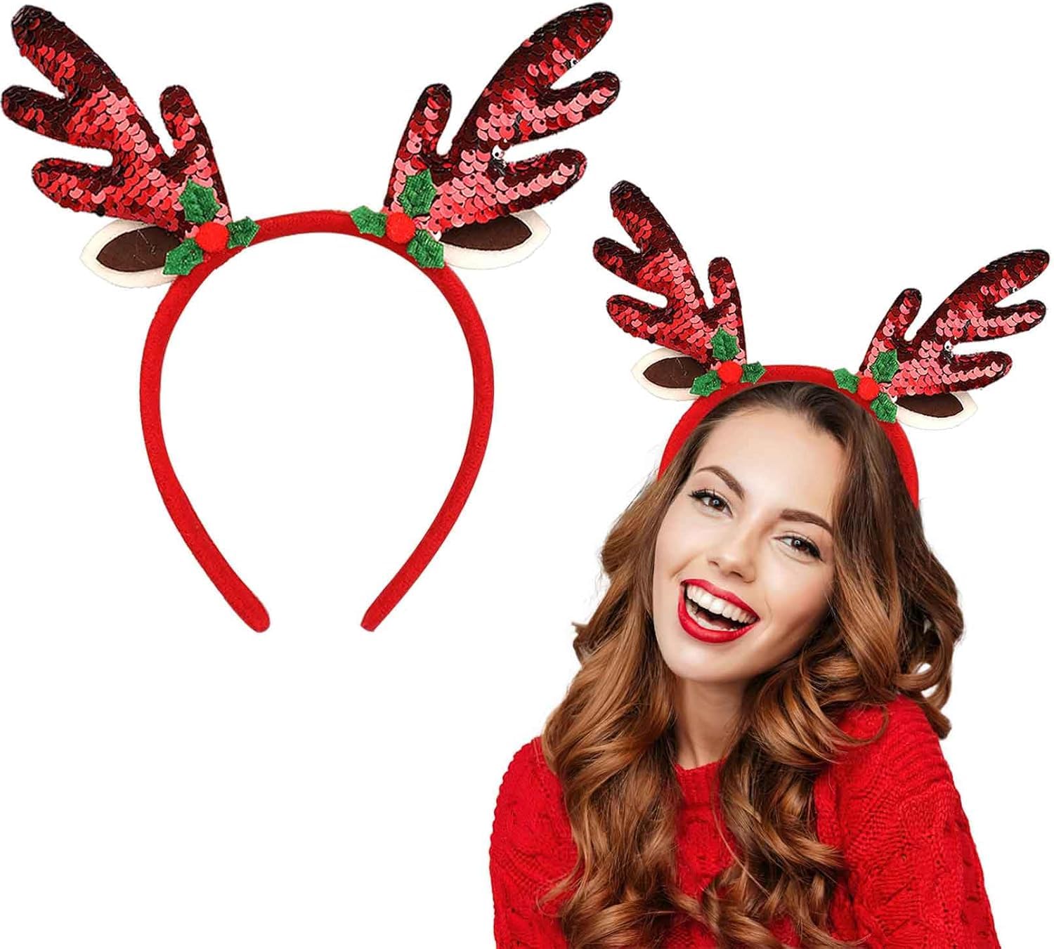 iwiio Christmas Headbands for Adults Glitter Sequin Fish Scale Deer Horn Headwear, Red Green Christmas Hair Bands