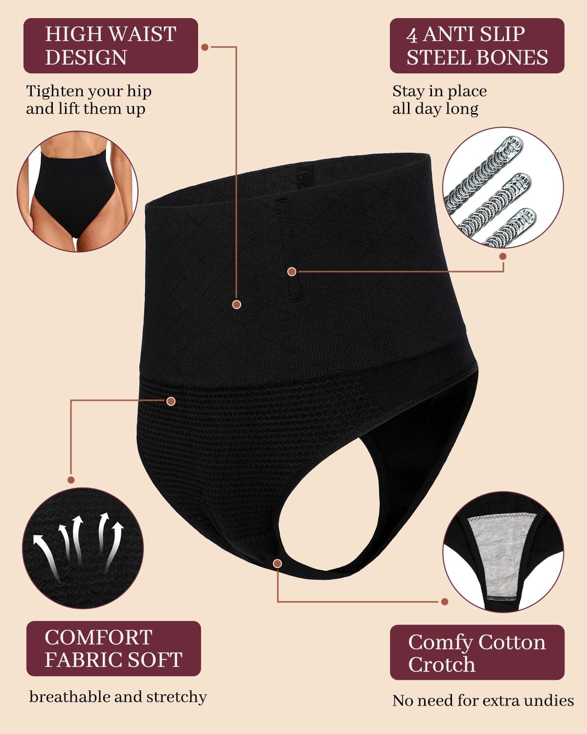 Tummy Control Shapewear Thong for Women High Waisted Shaping Underwear Seamless Body Shaper Panties - Image 4