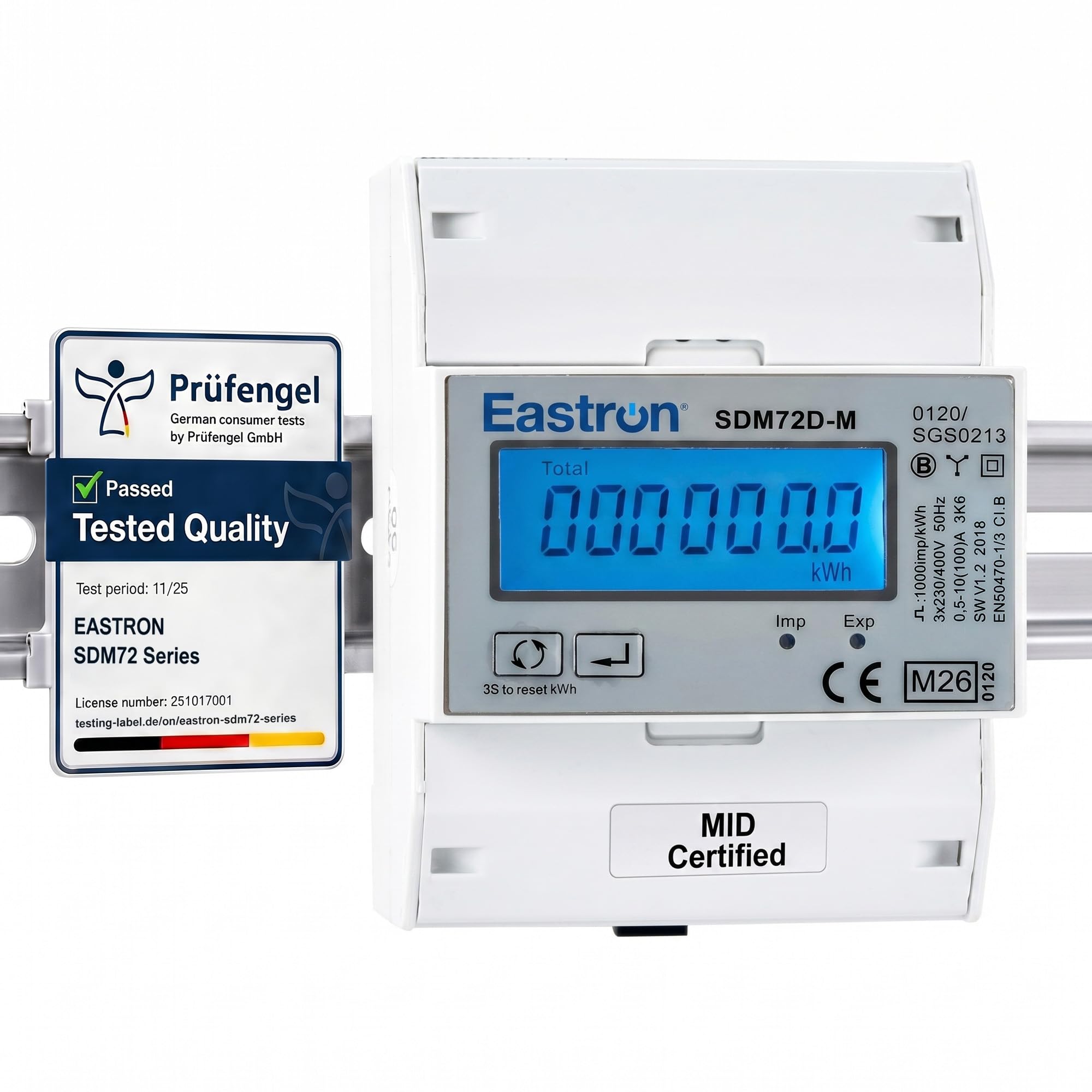 Eastron SDM72D-M V2 Medidor de energía eléctrica Modbus trifásico 100 Amp kWh Medidor de energía de riel DIN con pulso. Pantalla LCD retroiluminada digital. MID/Calibrado