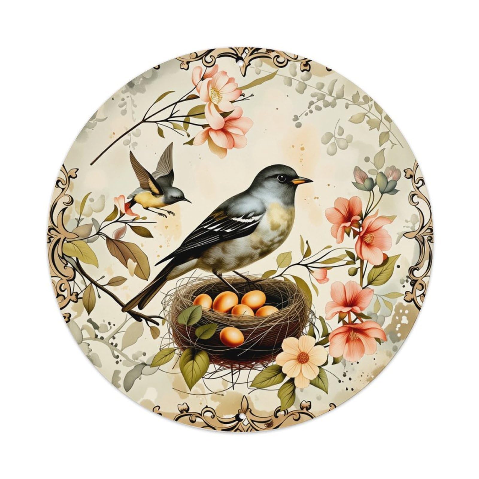 Bird Nest Flowers Branches Leaves Round Tin Sign Vintage Metal Poster, Home Bar Garage Man Cave Cafe Indoor & Outdoor Wall Decoration 8x8Inches