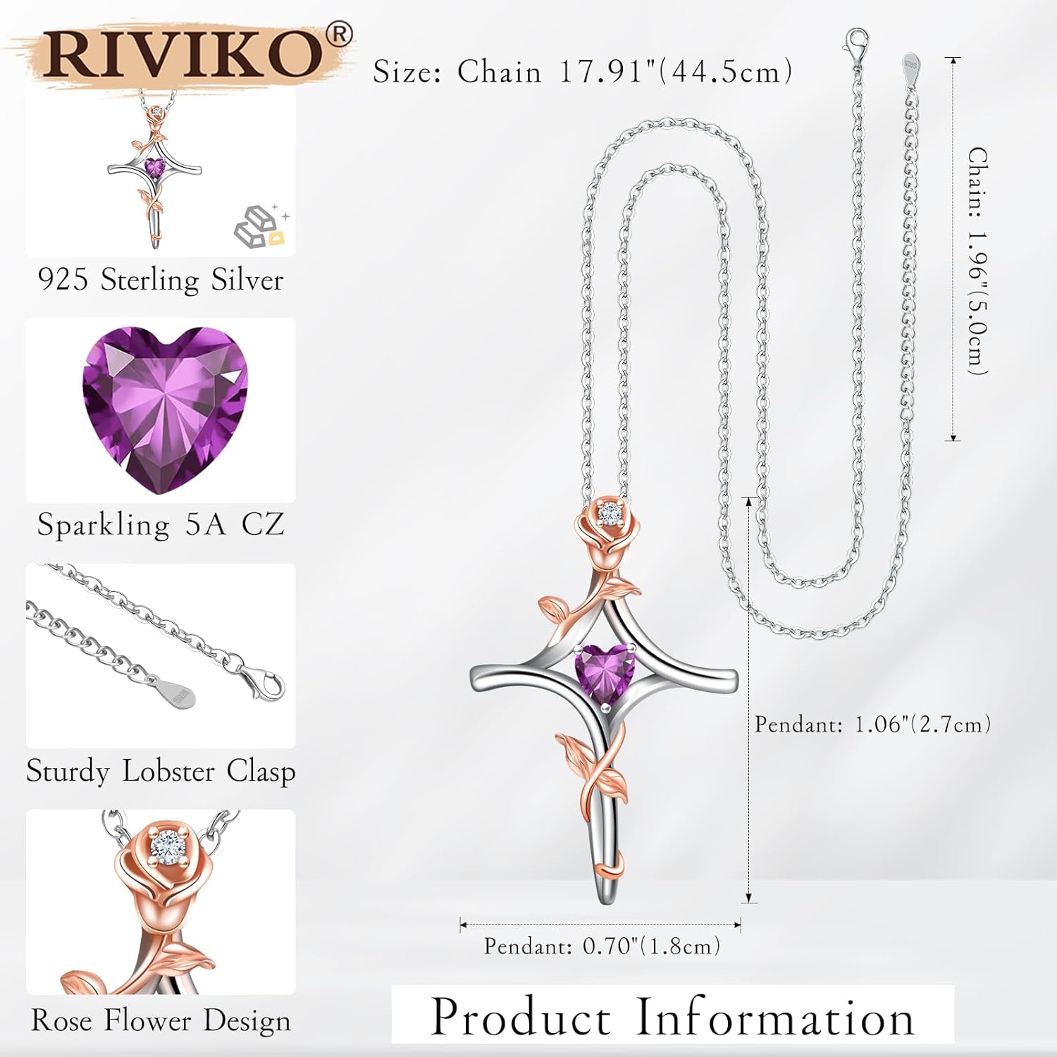 RIVIKO Rose Flower Cross Necklace for Women,925 Sterling Silver Birthstone Necklaces Heart Pendant,Cross Jewelry Anniversary Birthday Gifts for Women Wife Mom Lady - Image 6
