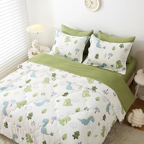 Miniatura 2 de Wajade Juego de edredón de dinosaurios para niños, cama en una bolsa, tamaño matrimonial, juego de ropa de cama de 7 piezas con bonito dinosaurio