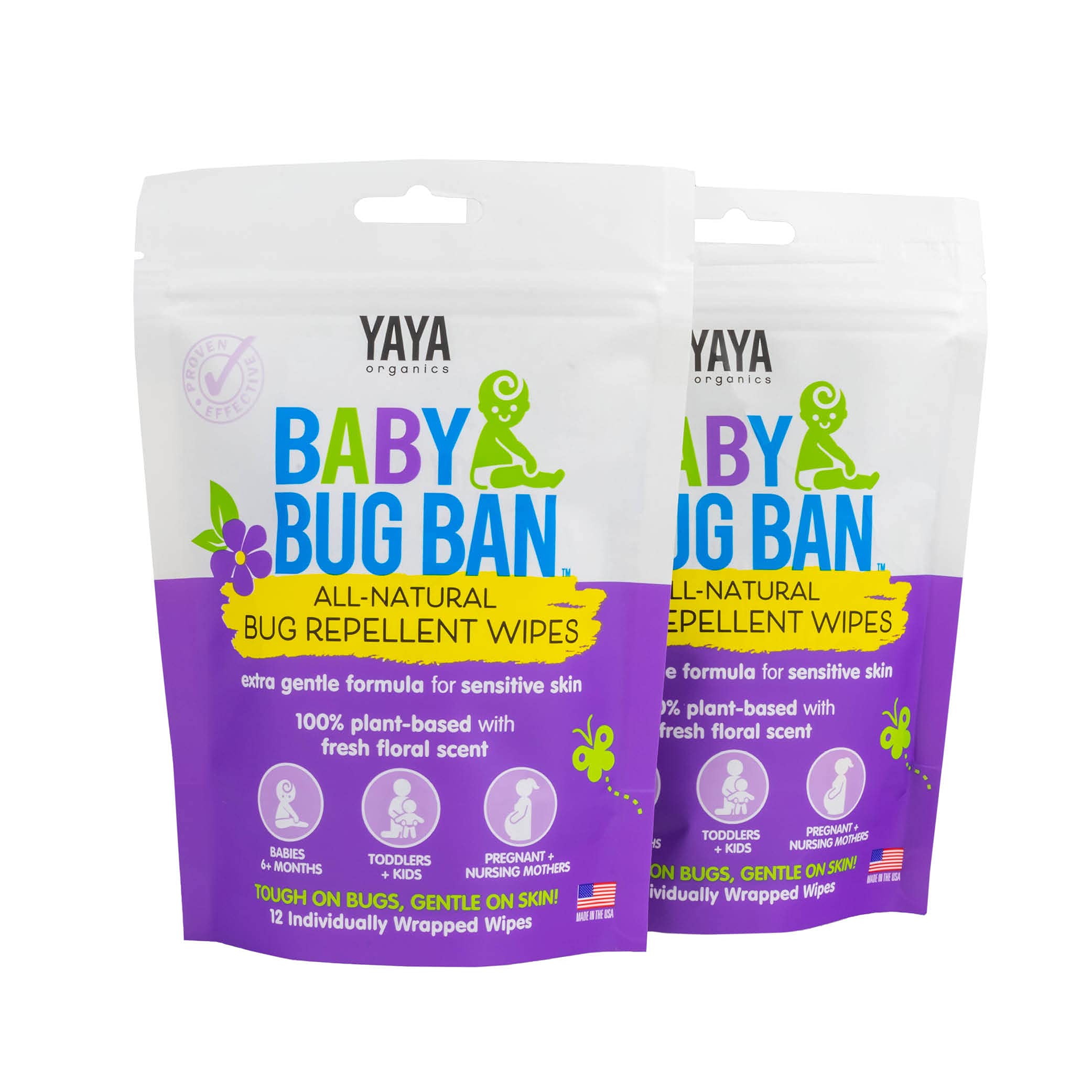 YAYA ORGANICS Baby Bug BAN Insect Repellent Wipes – All-Natural, DEET-Free, Non-Toxic, for Babies, Kids and Sensitive Skin (24 Count, Pack of 2)