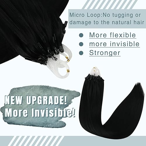 Miniatura 2 de Fshine Extensiones de cabello Remy microring, 22 pulgadas, cabello humano real, 1.76 oz, 0.04 ozhebra, extensiones de cabello negro azabache,