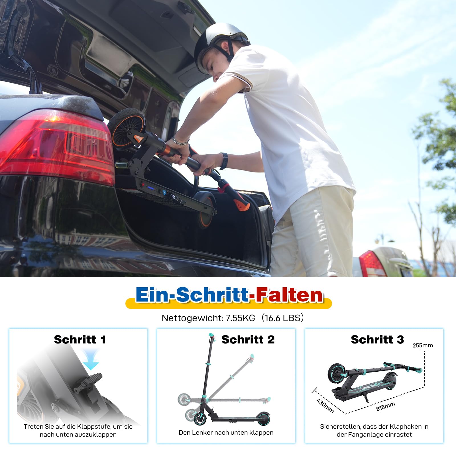 RCB TECH E-Scooter Kinder (8-12-16 Jahre) - Faltbarer Elektroroller für Kinder - Max Reichweite 16 KM - Max. 20 KM/H - Geschenk für Kinder und Jugendliche