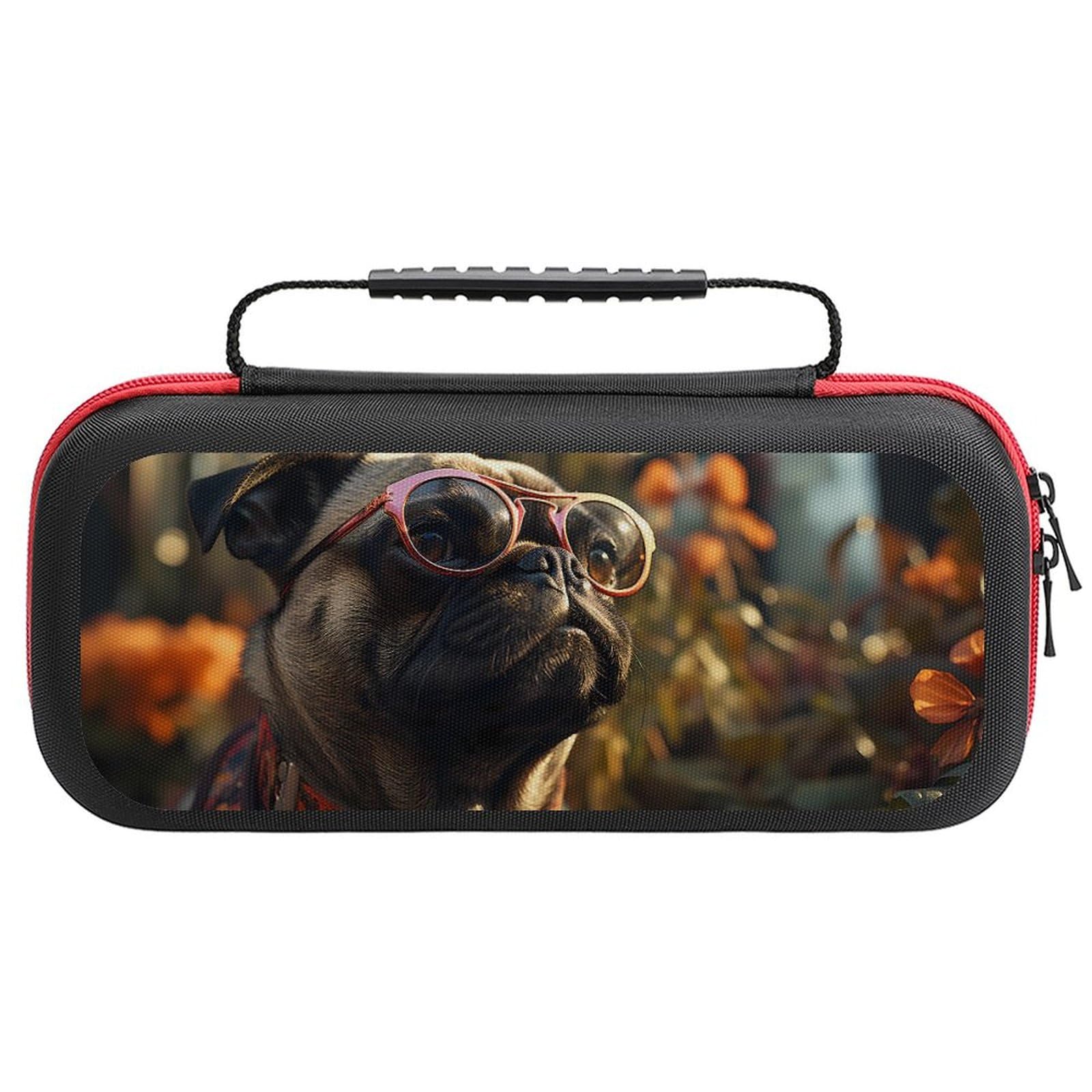 VOSERY Pug Wearing Sunglasses Flowers Case Compatible with Nintendo Switch Case Travel Carry Case Compatible with Switch Lite