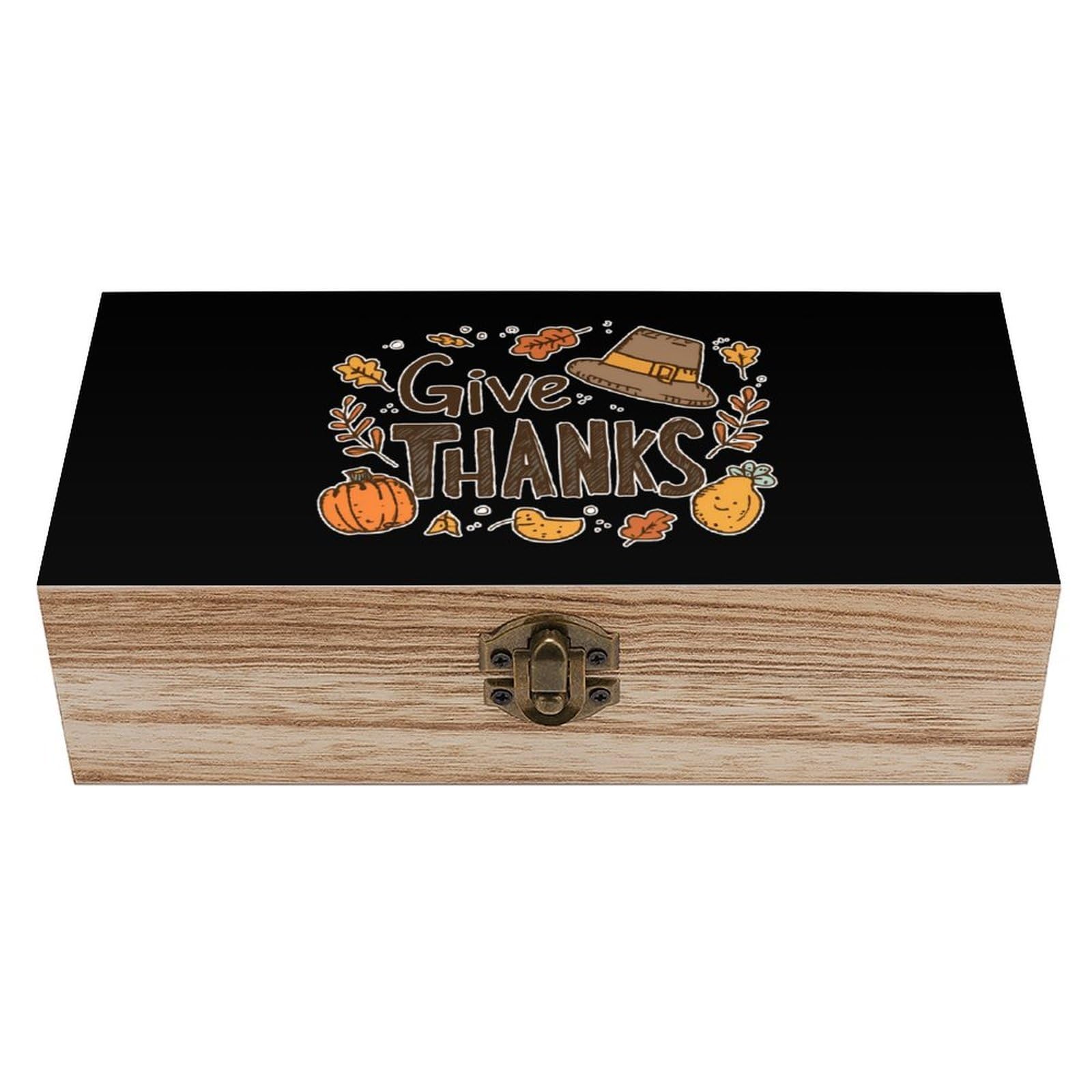 HLBSDM Thanksgiving Day Give Thanks Wooden Storage Box Craft Memory Keepsake Treasure Chest Box Jewelry Organizer