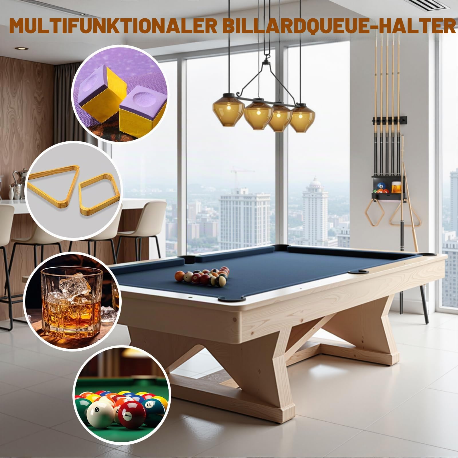 Wandmontierter Billardqueuehalter aus Hartholz für 6 Queues - Platzsparendes Billard Queue Rack als Aufbewahrung für Billardzubehör, rustikaler Billard Queue Halter für Ihr Billardzimmer, Schwarz