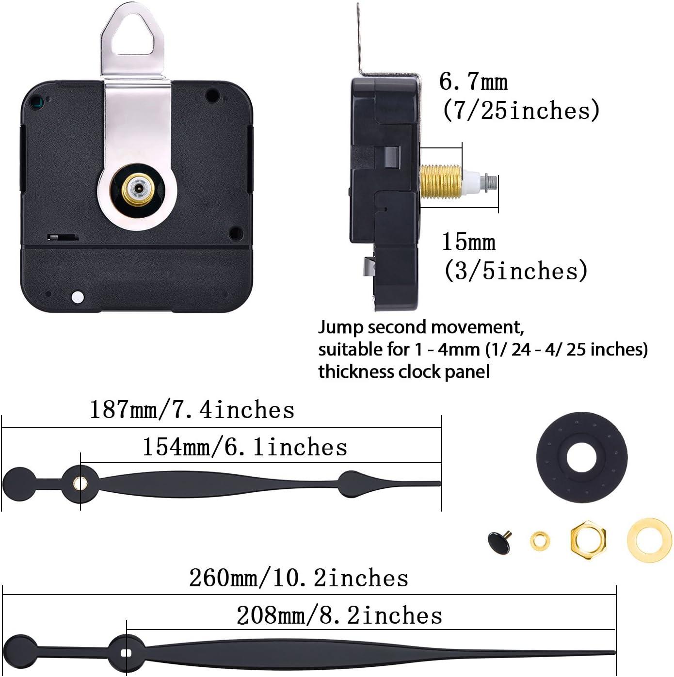 Hicarer High Torque Quartz Clock Replacement Parts, Battery Operated, Silent Sweep Replacement Mechanism for Clock Repair DIY Craft. Includes 8.2" Spade Hands & Hanger (Shaft Length 15mm/ 3/5 Inches)