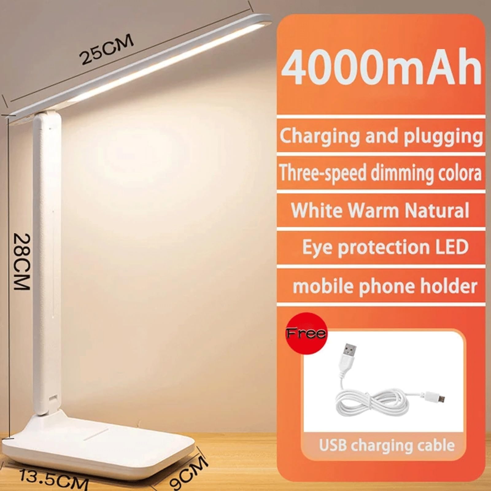 Luz de lectura LED regulable, interruptor táctil plegable, con puerto de carga USB, luz de oficina amigable con los ojos, lectura de dormitorio y luz nocturna de estudio