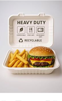 100 x 7x5 Bagasse Eco-Friendly Clamshell Takeaway Boxes, 7x5 inch, 21oz / 600ml, Made from Natural Sugarcane Pulp, Disposable Food Container, Biodegradable Home Compostable Sugarcane Bagasse 100 Pack