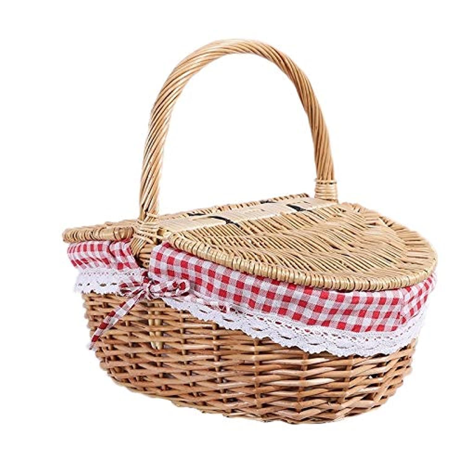 Bag Country Style Wicker Picnic Basket Hamper with Lid and Handle & Liners for Picnics, Parties and BBQs Kitchen (Color : Natural wood color)