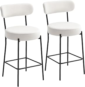 HOMCOM Bar Stools Set of 2, 27" Counter Height Barstools with Backrest and Footrest, Modern Sherpa Fleece Bar Chairs for Kitchen Island, Dining Room, Cream White