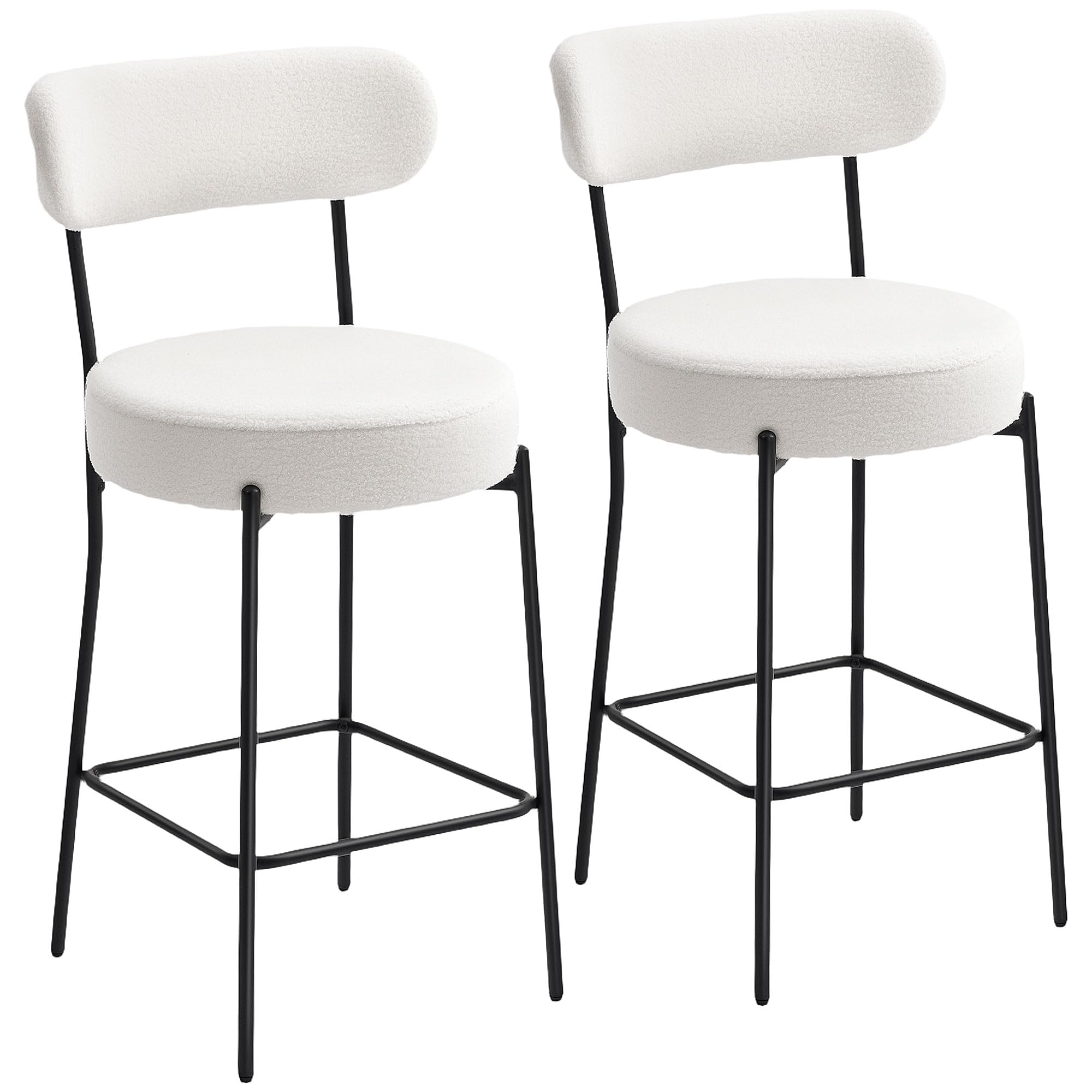 HOMCOM Lot de 2 Tabourets de Bar en Tissu Bouclette Assise 68H cm Crème | Chaises de Bar, Assise Large, Dossier Courbé, Repose-Pieds, Pieds en Acier, Chaises Hautes Cuisine, Salle à Manger, Comptoir