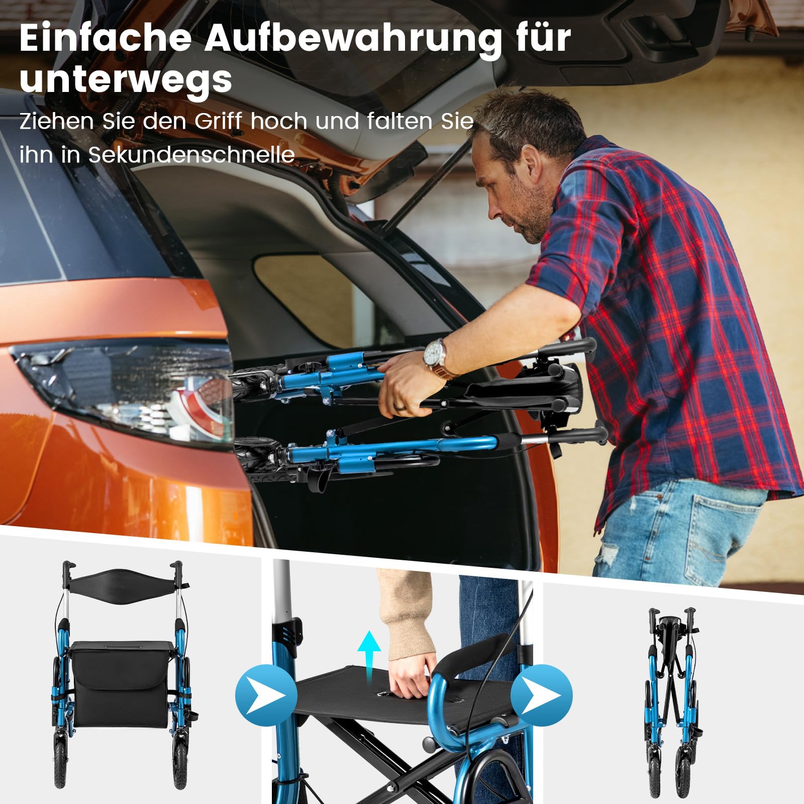 GOPLUS Wózek inwalidzki 2 w 1, lekki aluminiowy wózek inwalidzki, pomoc w chodzeniu z 6-stopniową regulacją wysokości, wózek spacerowy z torbą, uchwyt na kijki do wszystkich terenów, składany