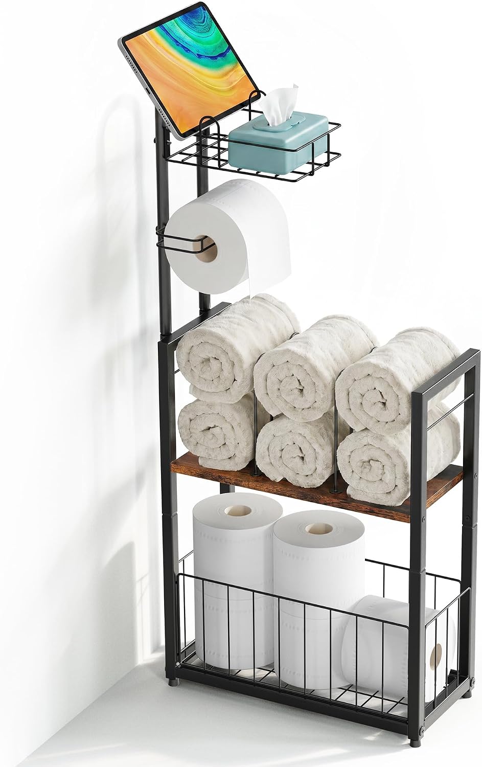 Towel Storage for Bathroom, Freestanding Toilet Paper Holder Stand with Storage, 4-Tier Free Standing Organizer with Phone and Tablet Shelf, Large Basket and Roll Dispenser, Towel Rack