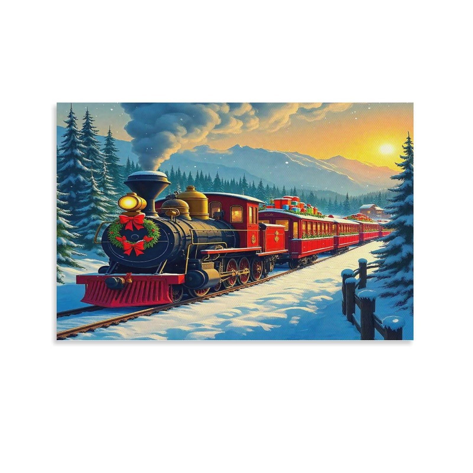 CPLVKWRQJ Snowy Forest Train Journey Single Xmas Steam Train Sunset Snowy Pine Valley Canvas Art - Gift for Him/Her Kitchen Canvas Wall Decor Removable Ready to Hang 24x36inch(60x90cm)