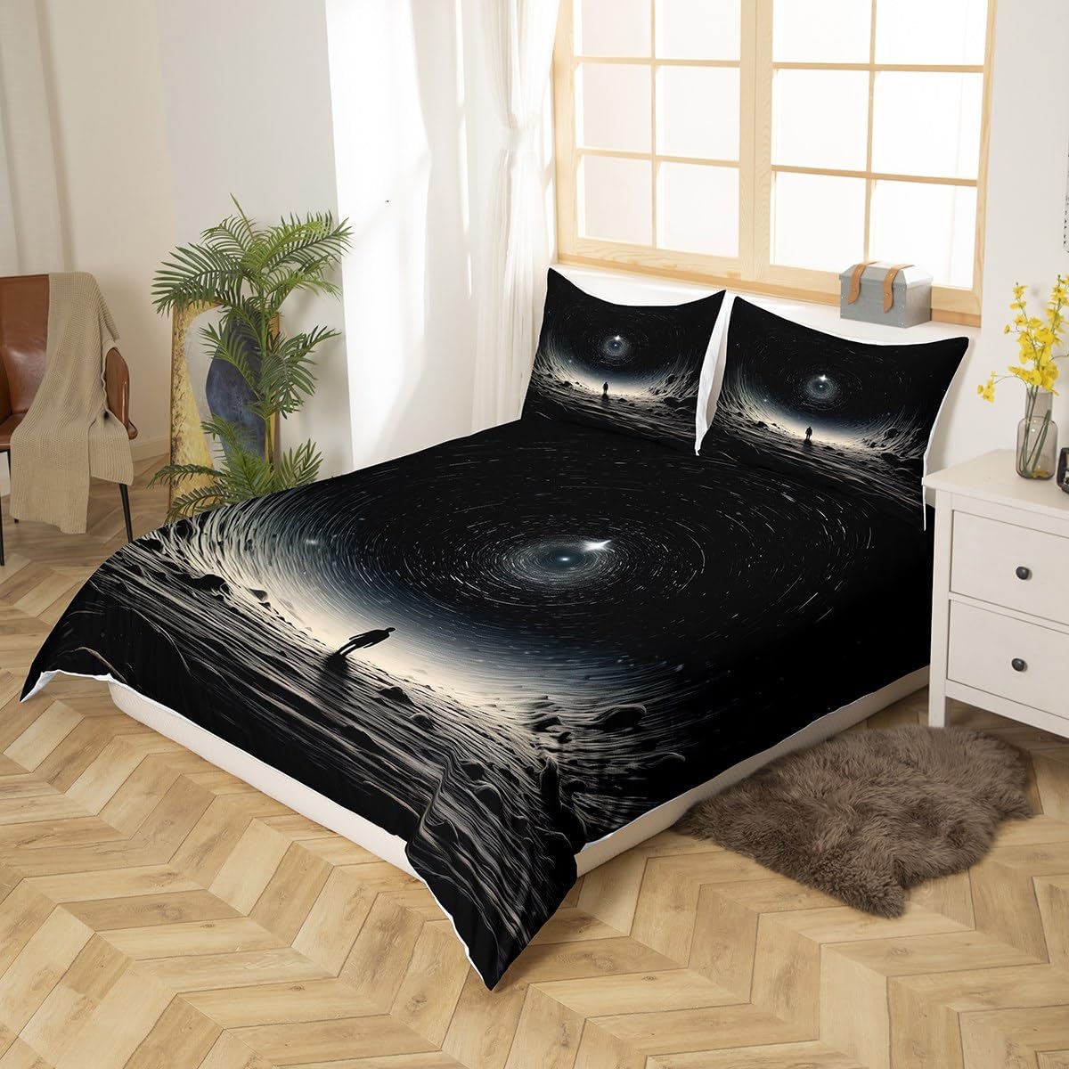Mystic Universe Duvet Cover,Outer Space Planet Surface Exotic Print King Size Duvet Cover for Kids Adults,Starry Glitter Geometric Soft Comforter Cover(No Filler) with Zipper Closure