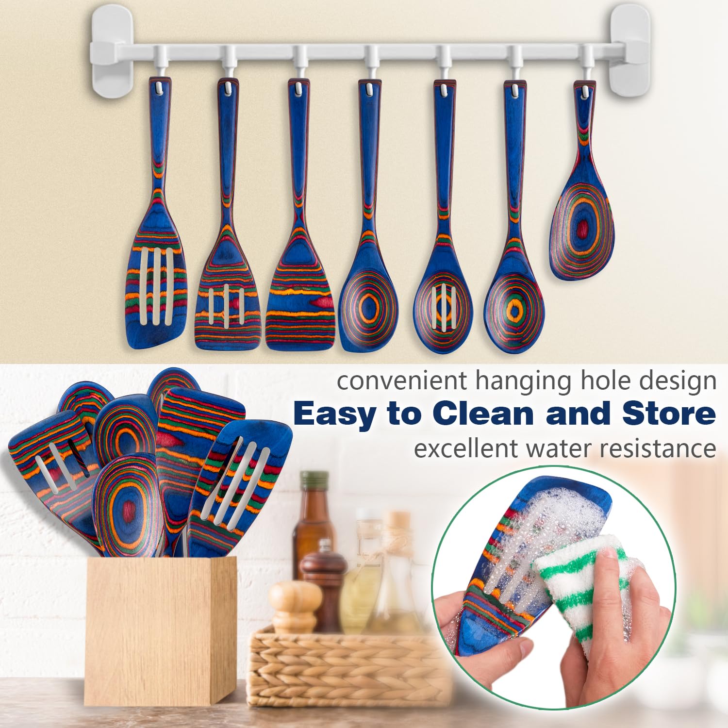 HOWHONG - Cucharas de madera para cocinar, 7 piezas de madera de Pakkawood, juego de utensilios de cocina que incluye espátula, cuchara esquinera, paleta de arroz, apta para utensilios de cocina
