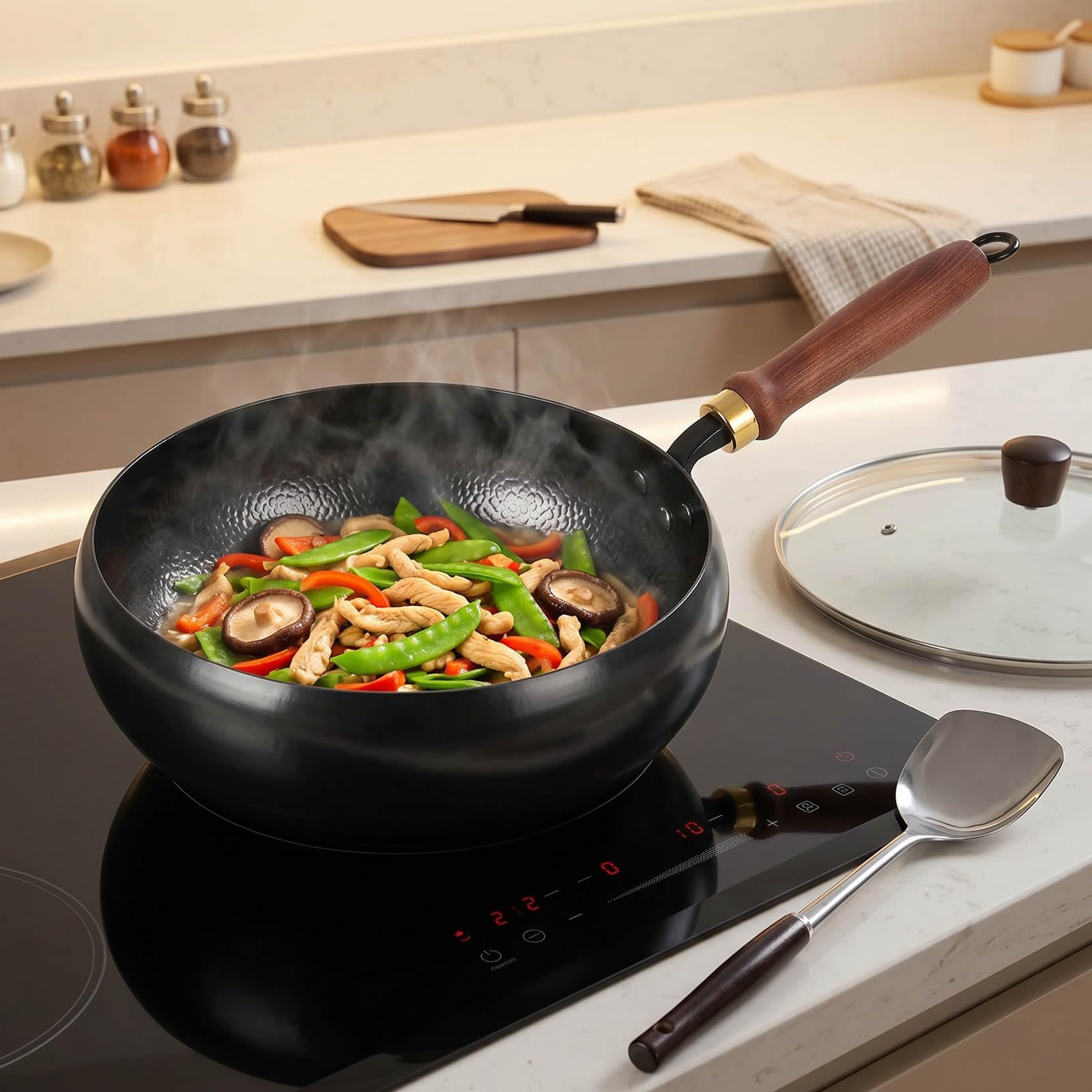 pentola wok in ghisa 26 cm, forgiatura tradizionale, non rivestita | antiaderente naturale, resistente e antiruggine, compatibile gas e induzione, con coperchio in vetro, design martellato