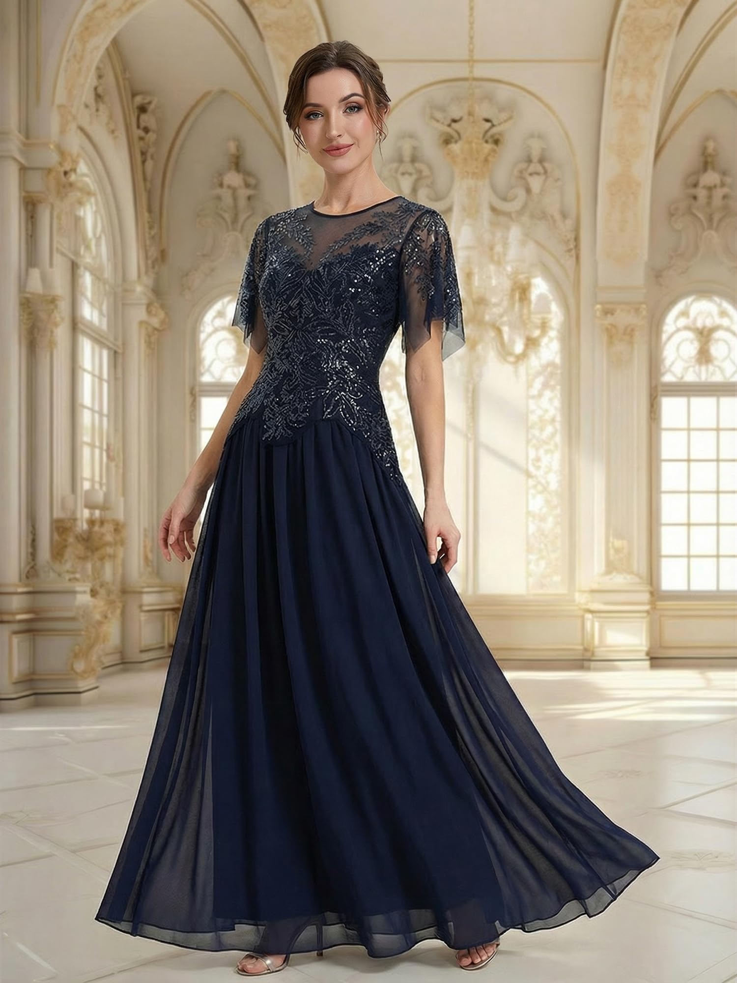 Ever-Pretty Abito Cerimonia Donna Collo Rotondo Maniche Corte Paillente Maxi Gonna Svasata EE02675
