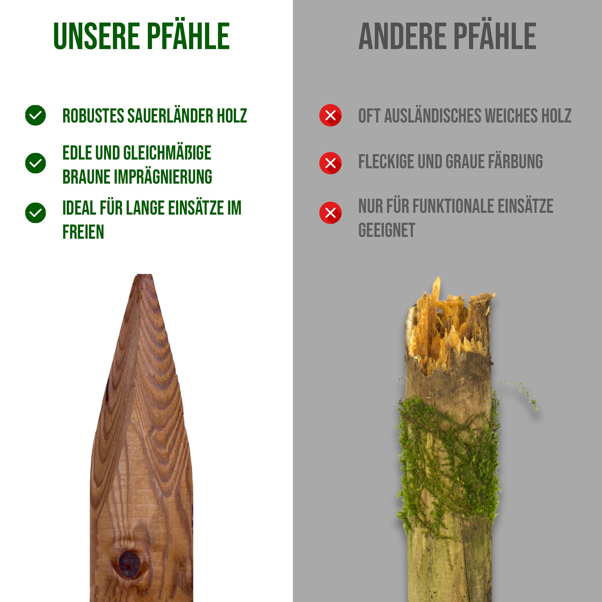 Juego de 10 estacas de madera redondas impregnadas de color marrón, 4,6 cm de diámetro, diferentes longitudes y grosores, ideales como postes de vallas, estacas de plantas o postes de árboles (125 cm