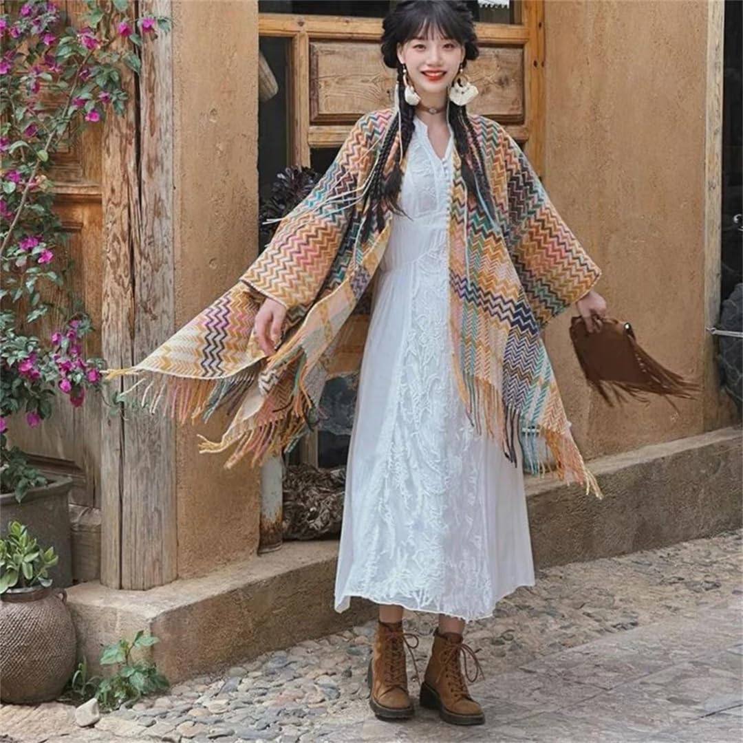Disimlarl Poncho da donna lavorato a maglia, mantello, scialle, stile etnico, mantelli con nappa, cardigan, maglione, scialle sciolto