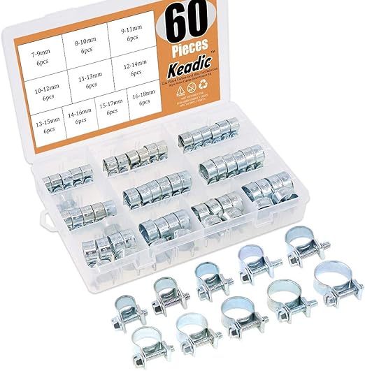 Keadic 60Pcs 10 Sizes Adjustable Zinc Plated Carbon steel Mini Fuel Injection Style Hose Clamp Assortment Kit for Various Diesel Petrol Pipe