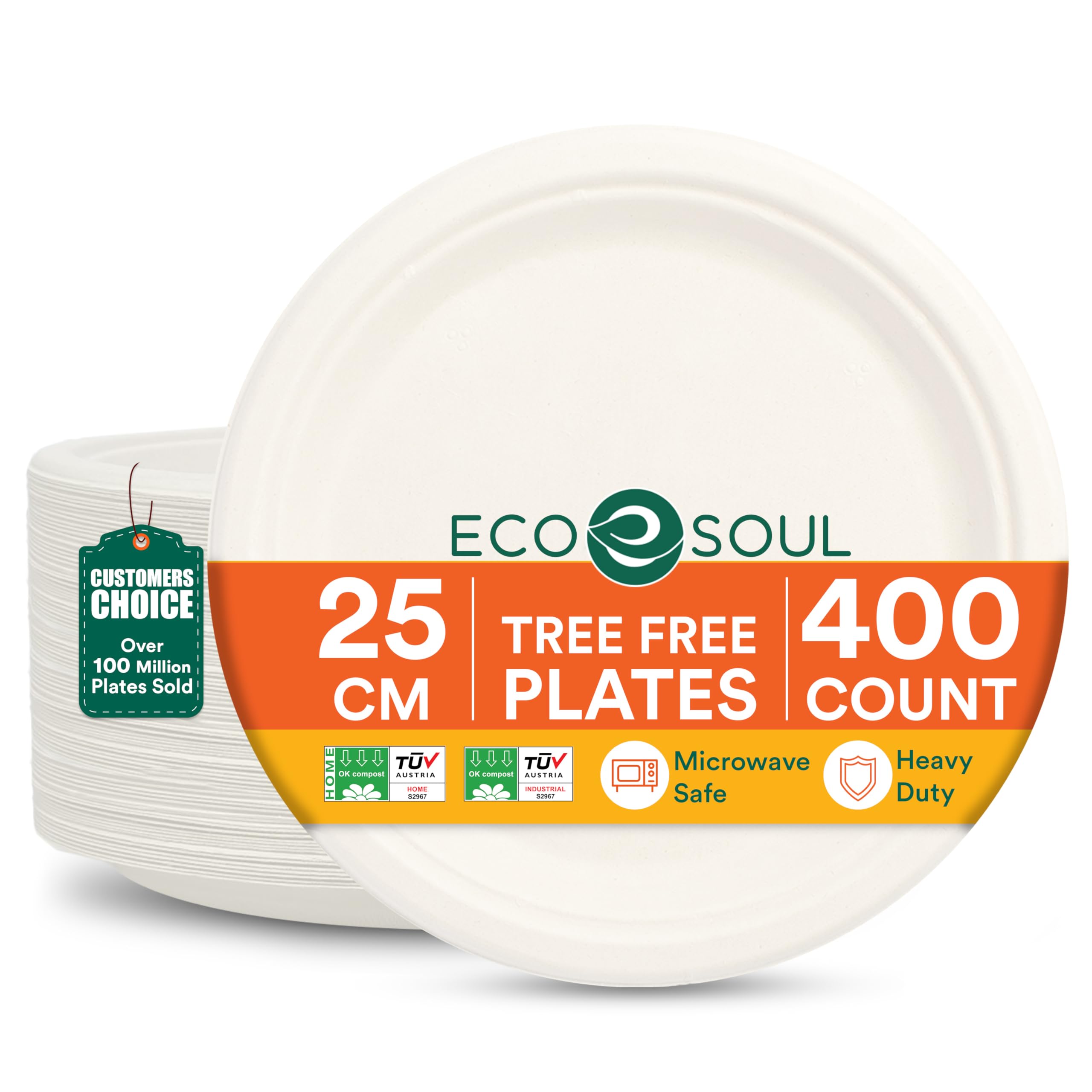 ECO SOUL Einweg-Bagasse-Teller(25cm) 10" rund(400 Stück)(weiß) | Nachhaltige Alternative, 100% kompostierbar, Extra stabildeal für den täglichen Gebrauch, Premium Qualität, 400er Pack