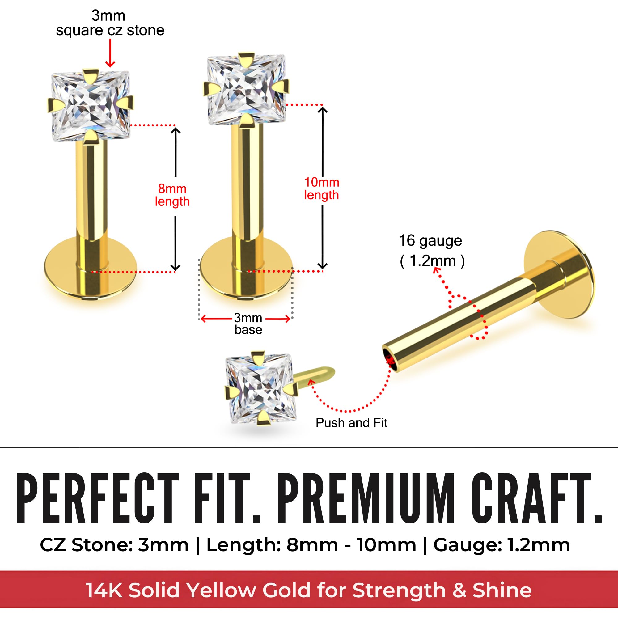 Monster Piercing | 14K Gold Echtgold | Lippenpiercing Tragus Piercing 16 Gauge | Kristallstein | Stablänge: 8MM oder 10MM | Lippe Labret Ohr Piercing