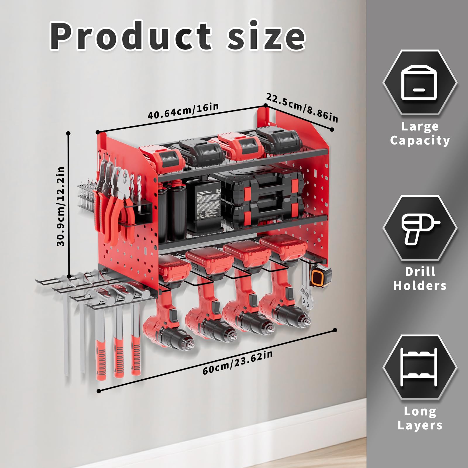 Supporto da parete a 2 livelli, per avvitatore a batteria, per 4 utensili elettrici, ideale per garage e officine (40 x 22 x 30 cm)