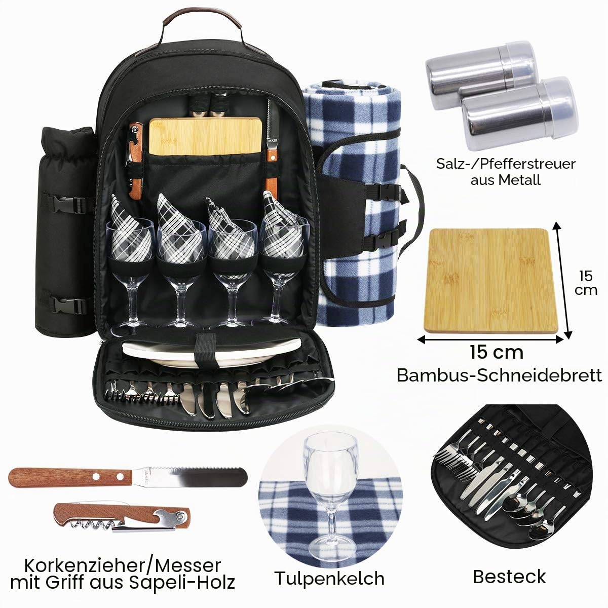 Sunflora Picknickrucksack für 4 Personen mit Decke Picknickkorb-Set für 2 mit isoliertem Kühler Weintasche für Familienpaare (Schwarz)