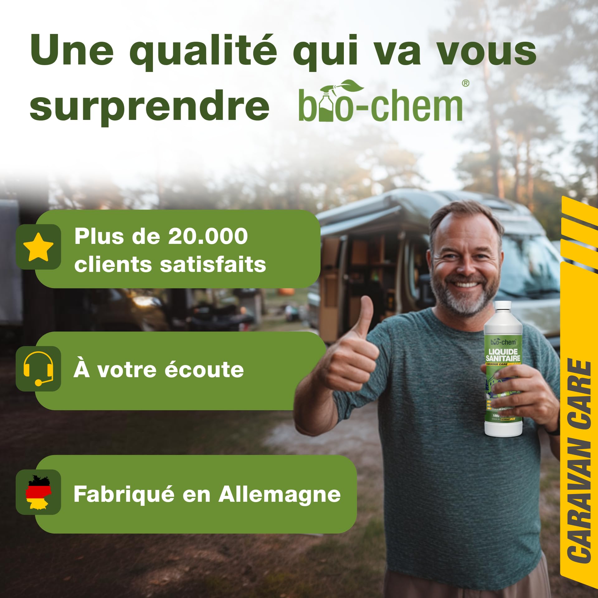 Bio-Chem Nettoyant Anti Traces de Pluie 0,5L + Gant en Microfibres | Pare-Brise et vitres de Camping-Car, caravanes, Voiture - Produit vitre idéal pour Vos séjours en Camping Car