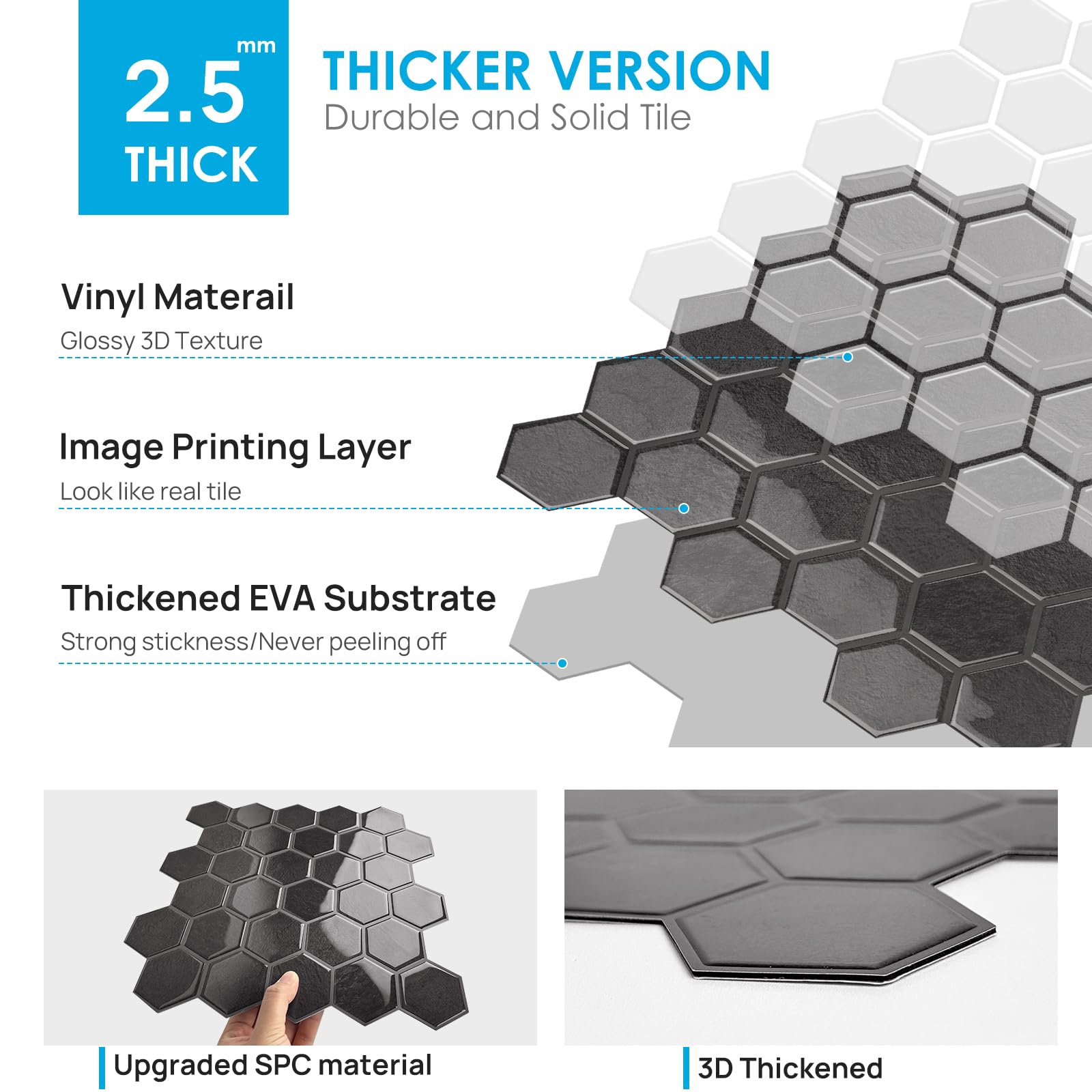 10 Blatt Hexagon Peel and Stick Backsplash für Küche, Upgrade, Premium Extra Dickeres Design, 3D Selbstklebende Wandfliesen, große Klebefliesen für Küche und Bad (30,5 x 30,5 cm)