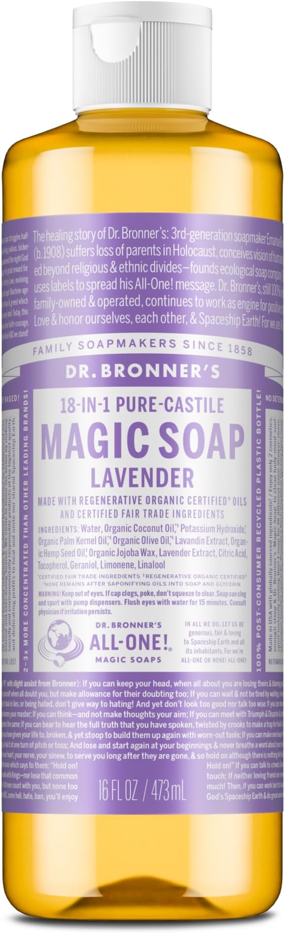 Dr Bronner's 18-in-1 Lavender Pure-Castile Liquid Soap, Made with Organic Oils, Used for Face, Body, Hair, Dishes, Mopping and Pets, Certified Fair Trade & Vegan Friendly, 475ml Recycled Bottle