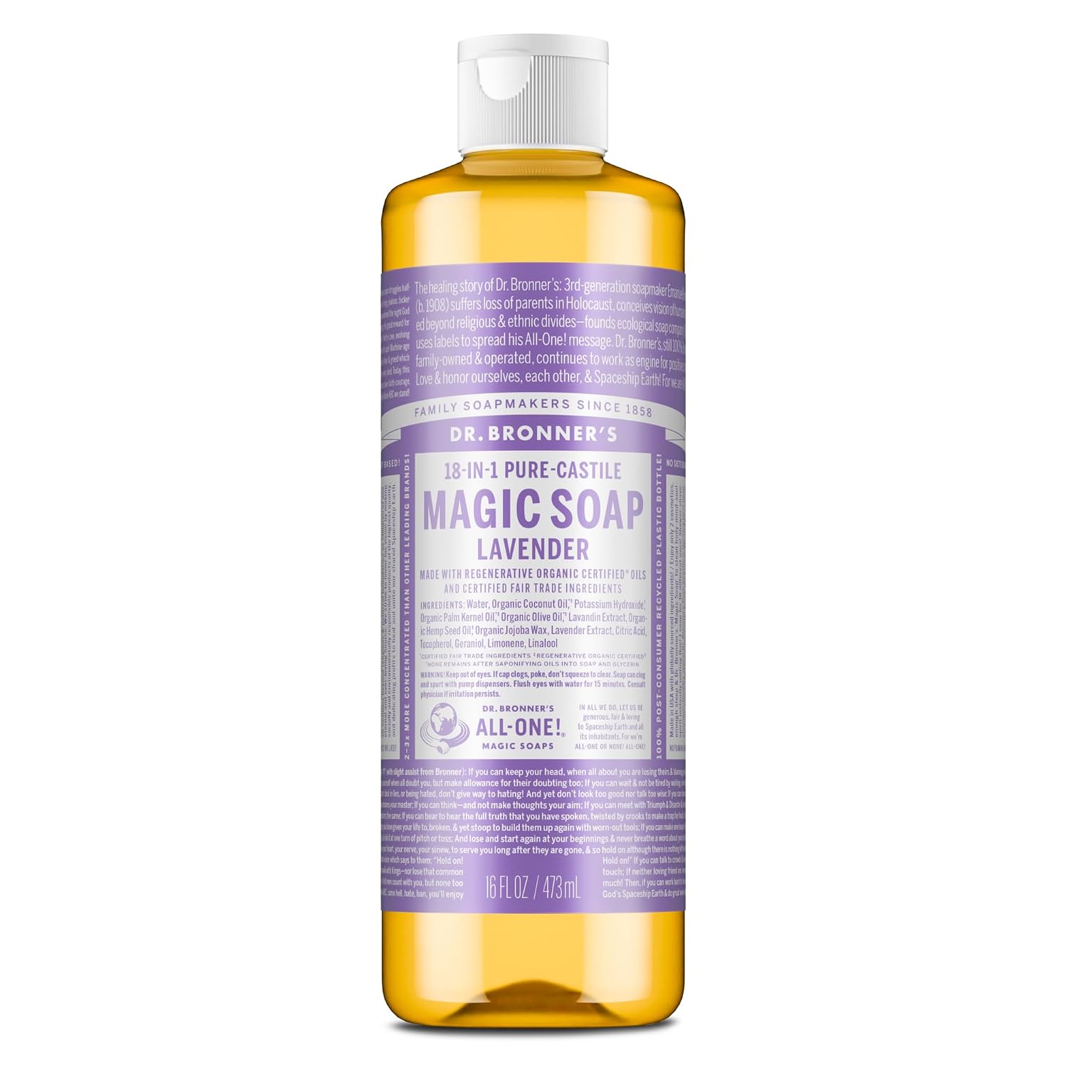 Dr. Bronner's Lavender Pure-Castile Liquid Soap, Body Wash, 16 oz
