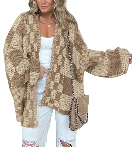 BTFBM Casual Cardigan Sweater for Women Fall 2025 Long Sleeve Open Front Chunky Knit Sweaters Checkered Outwear Coat - Khaki - X-Large