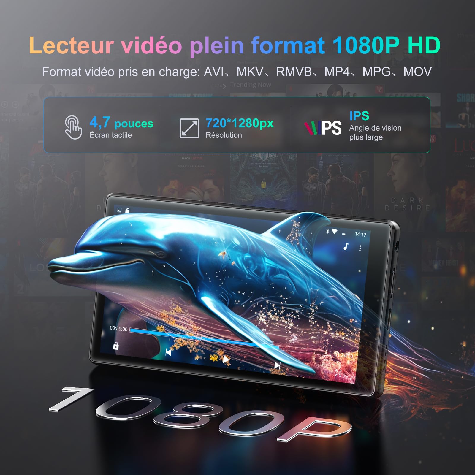 Oilsky 96Go Lecteur MP3 avec WiFi et Bluetooth, écran Tactile de 4,7'' 1280P, Android 13.0, RAM:4 Go, Lecteur MP3 & MP4 avec Spotify, Amazon Music, Play Store (Noir)
