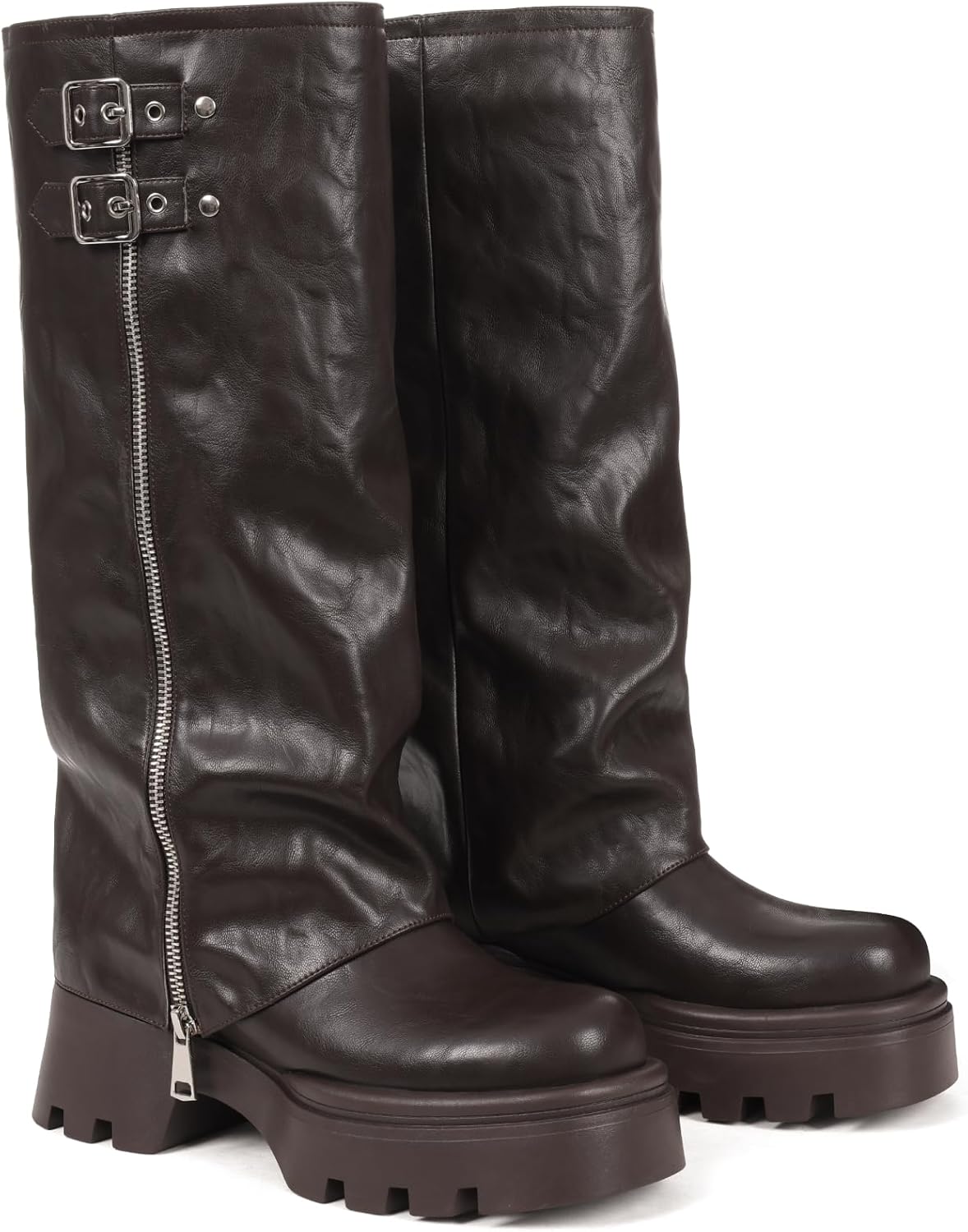 Women's Knee High Fold Over Boots Chunky Platform Lug Sole Comfortable Leather Round Toe Goth Moto Combat Dress Boots for Women - Image 5