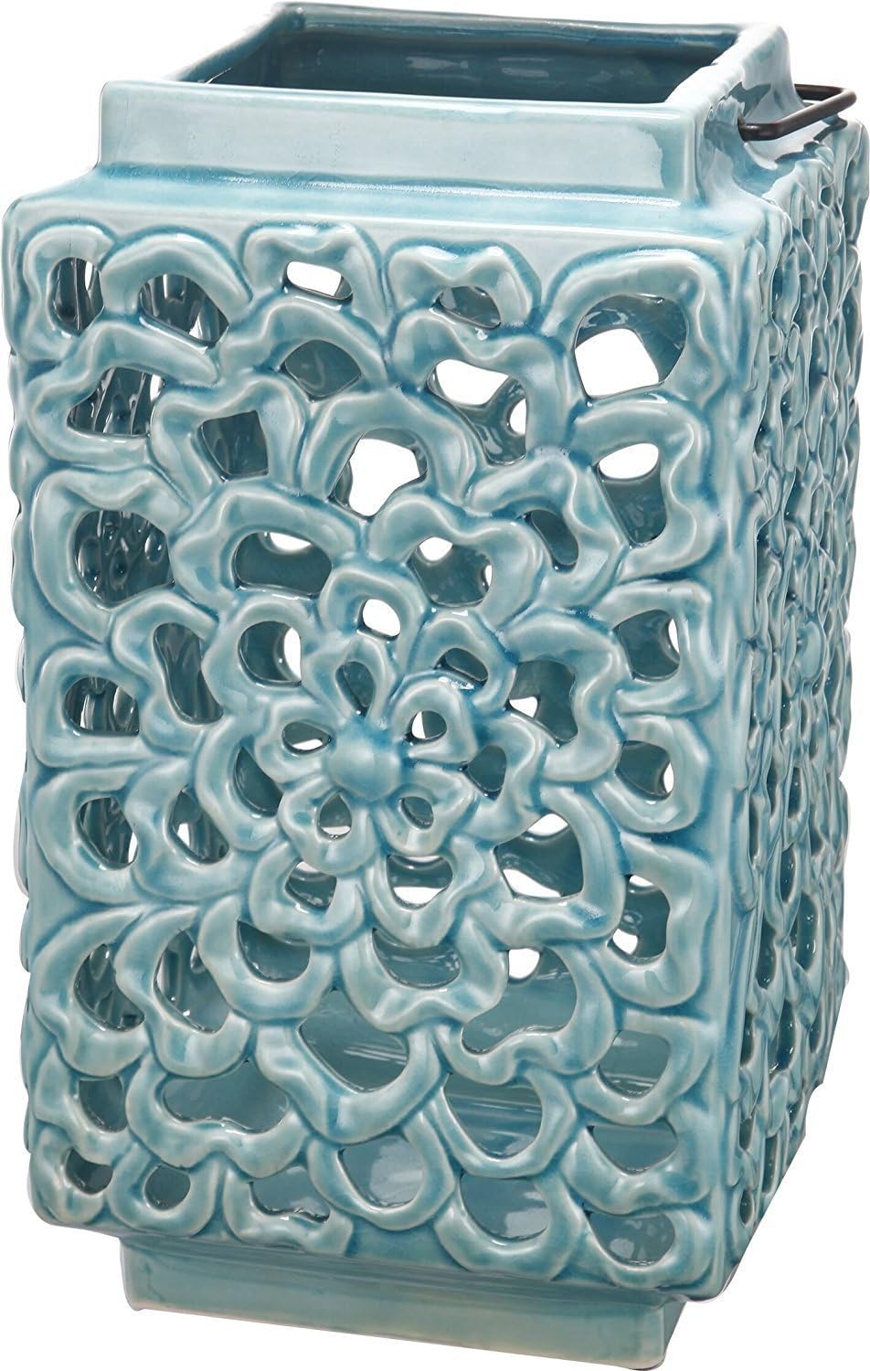 Green Turquoise Geometric Link Ming Dynasty 6.5x6.5x11.5" Cutwork Ceramic Garden Candle Holder Lantern