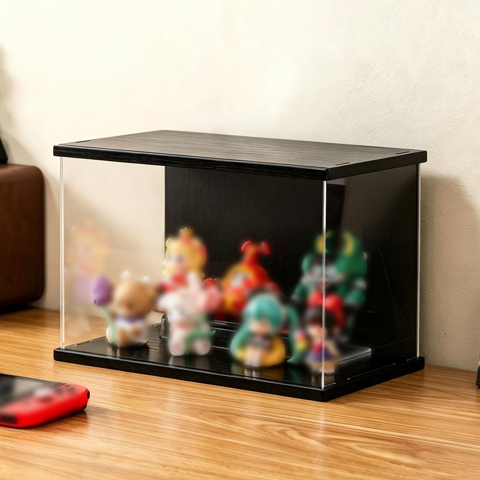 Acryl Vitrine Schwarze Acrylvitrine für Kleinteile, Vitrinen Actionfiguren | Länglicher Diorama-Behälter mit Holzsockel und Deckel, Schiebetür-Organizer-Gehäuse für Kosmetik(Black,L-32cm(12 5/8"))