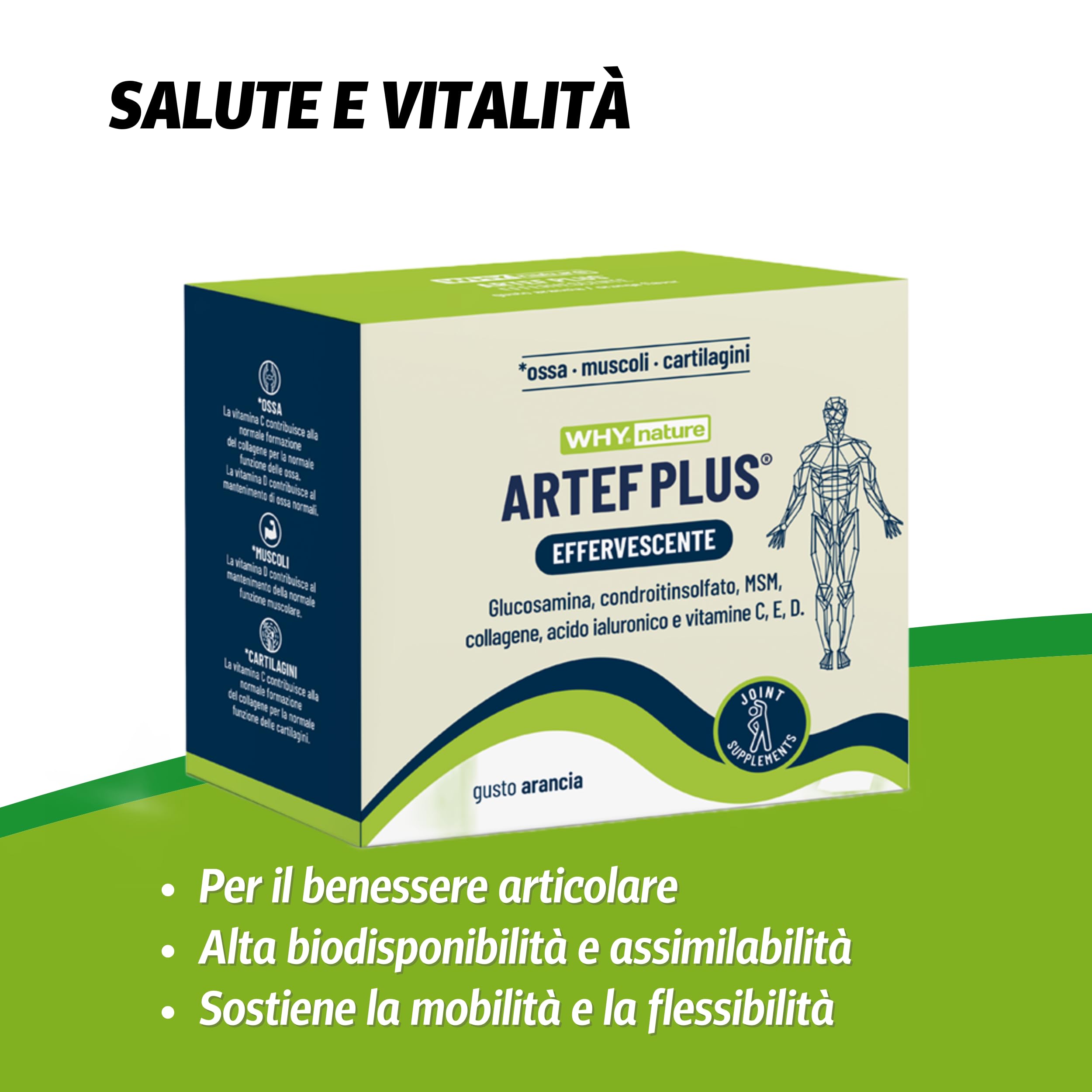 WHY NATURE ARTEF PLUS - Integratore Alimentare Ossa e Cartilagine - Con Vitamina C, Vitamina D3, Vitamina E, Acido Ialuronico - Gusto Arancia - Senza Glutine - 24 Bustine