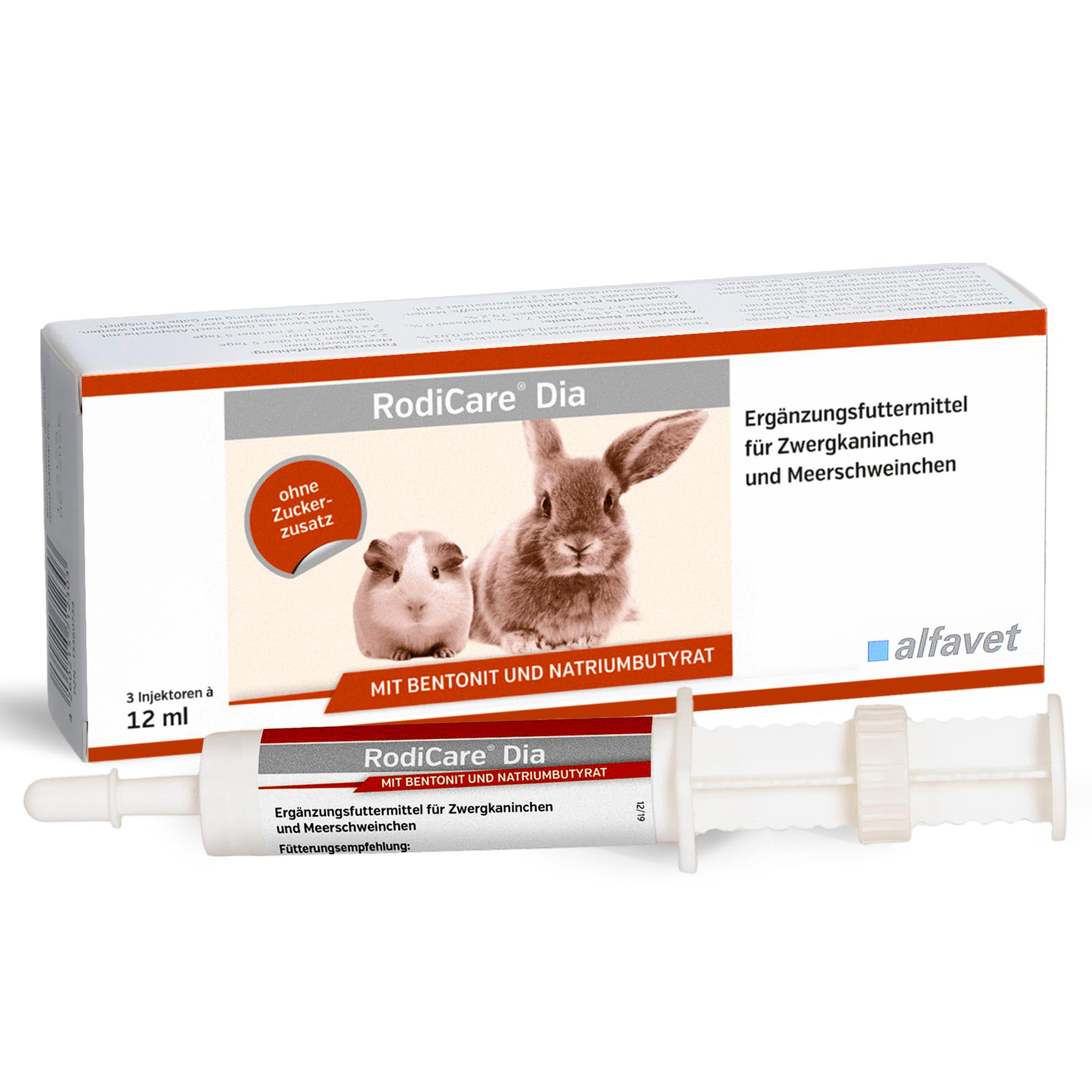 Alfavet RodiCare Dia, Ergänzungsfuttermittel für Zwergkaninchen und Meerschweinchen, bei Durchfall, mit Natriumbutyrat, zuckerfrei, 3 Injektoren à 12 ml