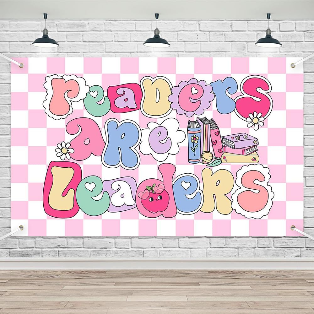 Lofaris Kids Party Banner - 70.8x43.3 Inches Bohemian Style Reading Day Backdrop - Cute Pink Checkered Floral Decoration for Classroom, Family, School